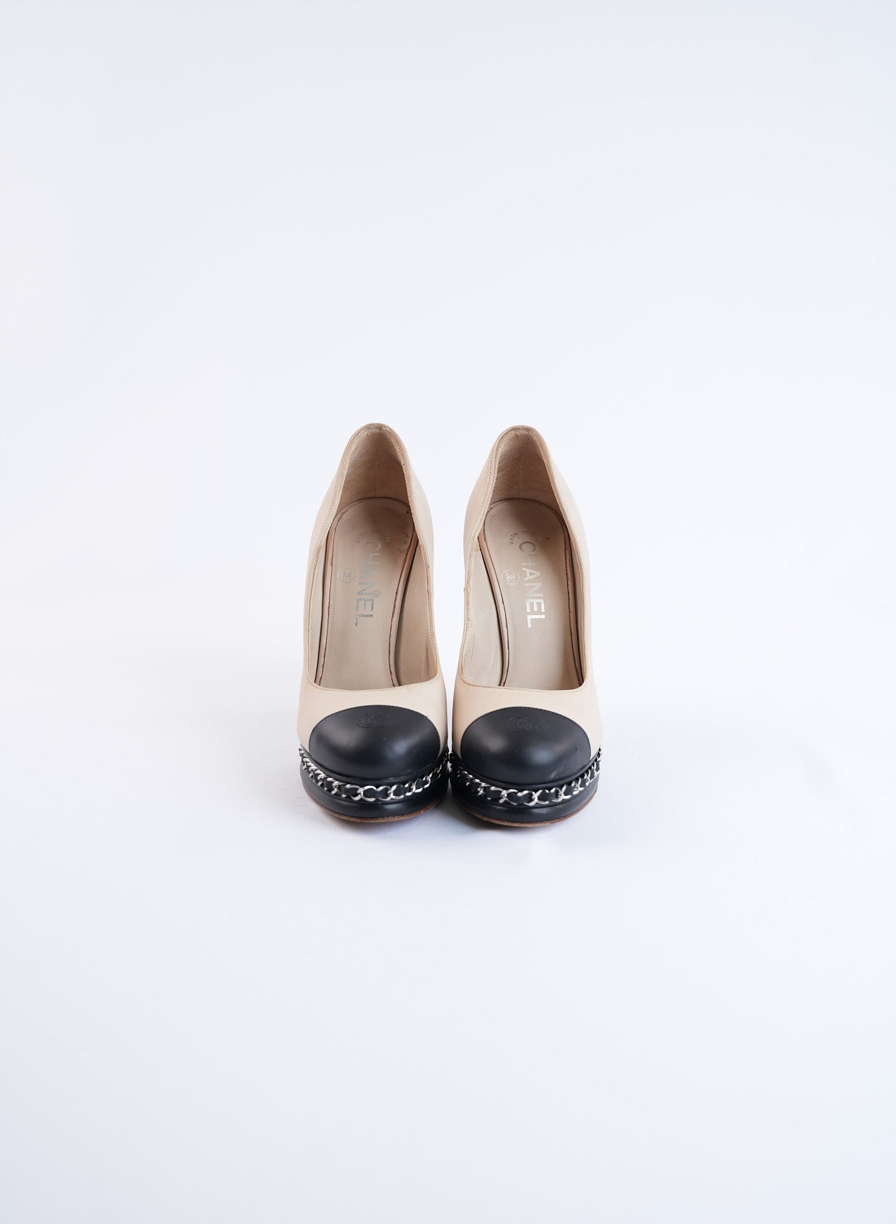 Chanel Beige And Black Leather Heels