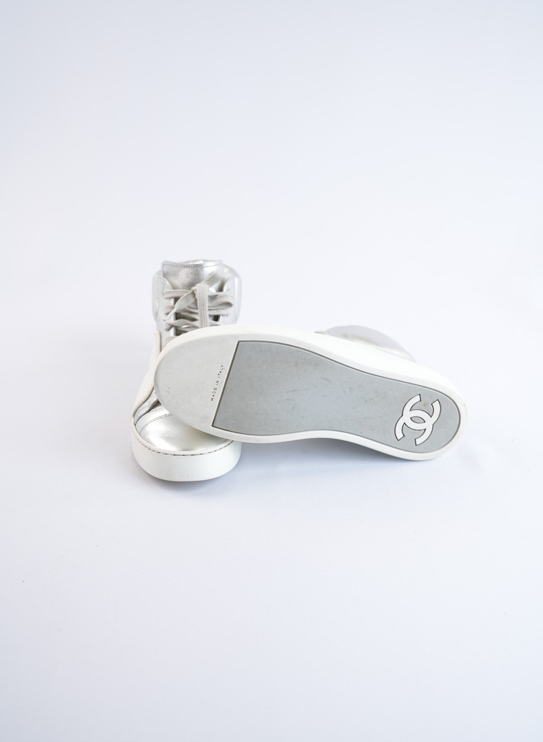 Chanel High Top Silver Sneakers