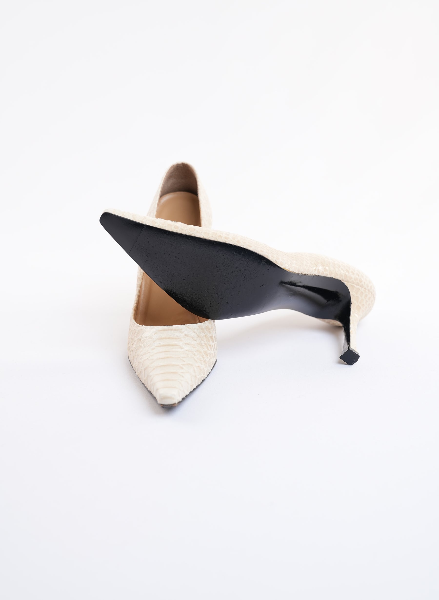 Staurd Weitzman Cream Snakeskin Pumps