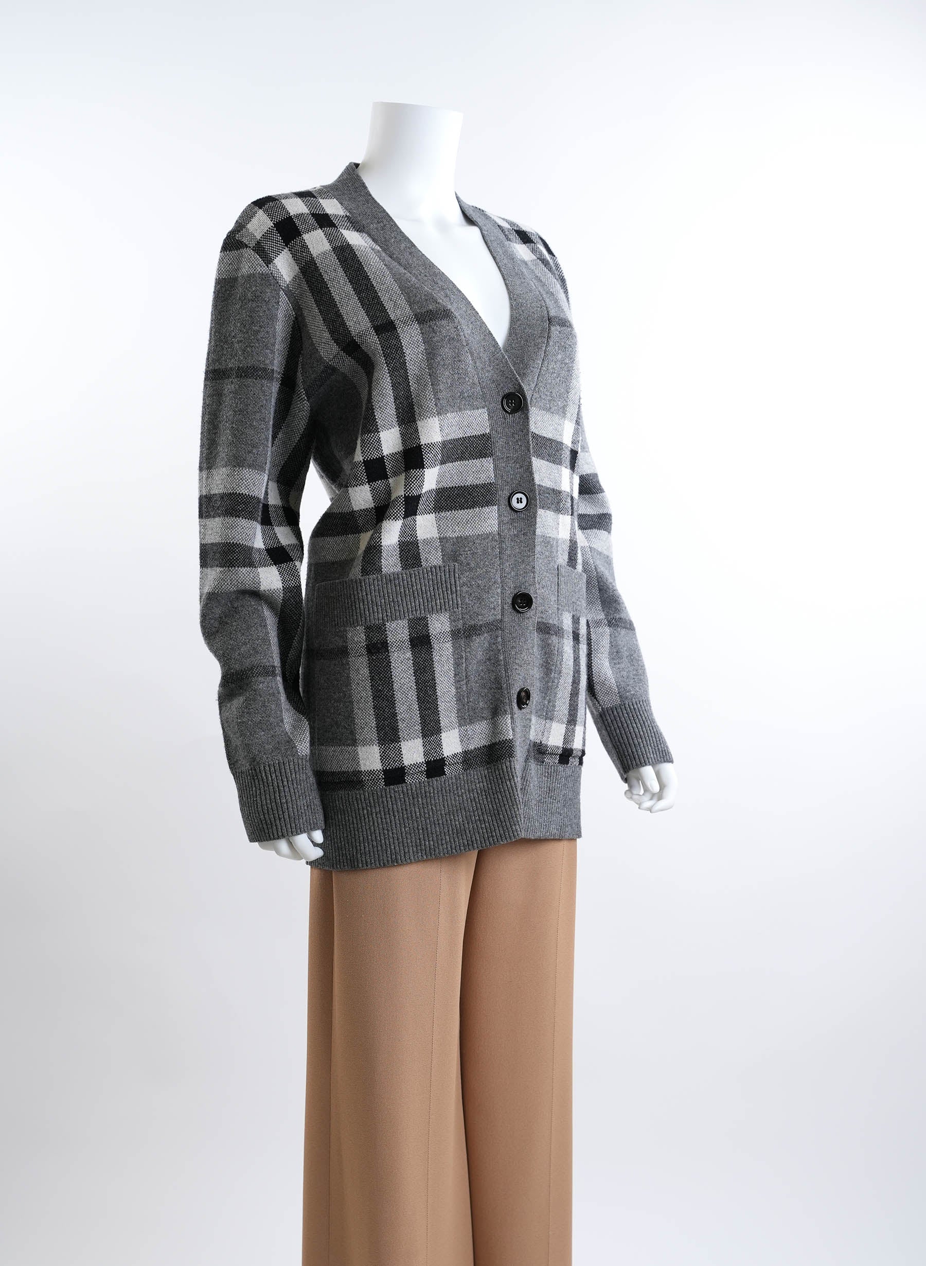 Burberry Willah Check Oversized Cardigan Mid Grey Melange