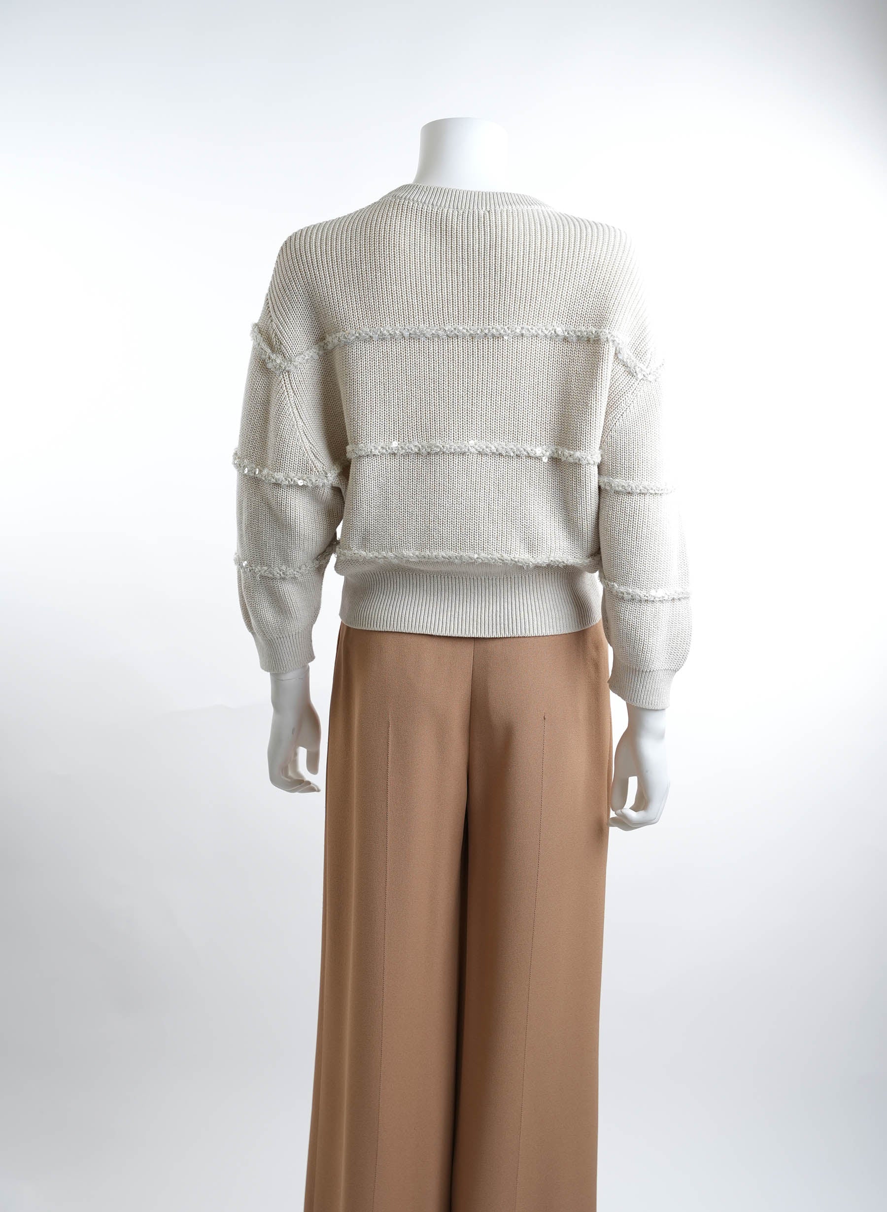 Brunello Cucinelli Oat Textured Paillette Stripes Crop Cardigan