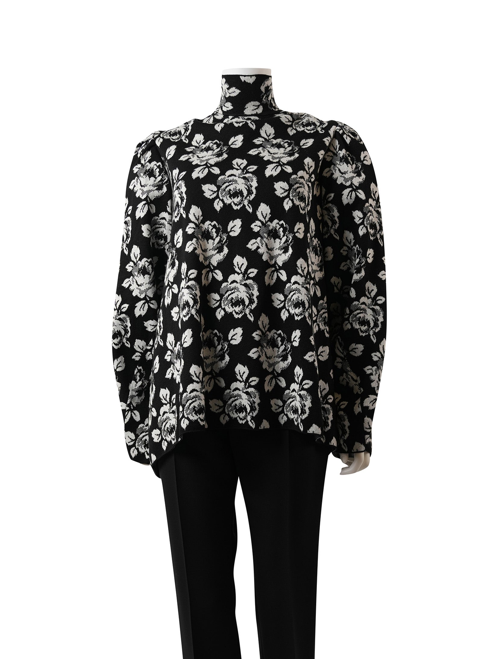 Balenciaga Black and White Floral Knit Turtleneck