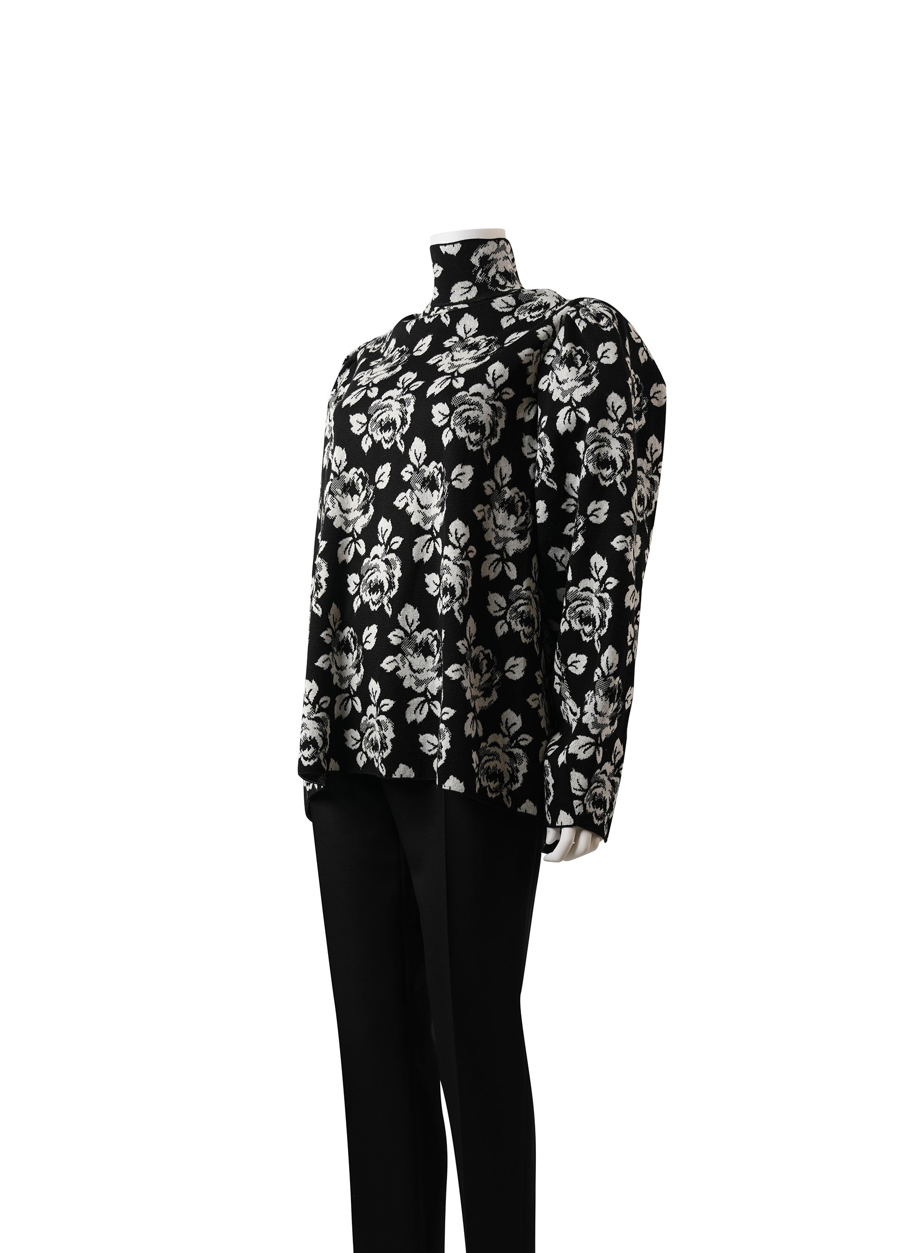 Balenciaga Black and White Floral Knit Turtleneck