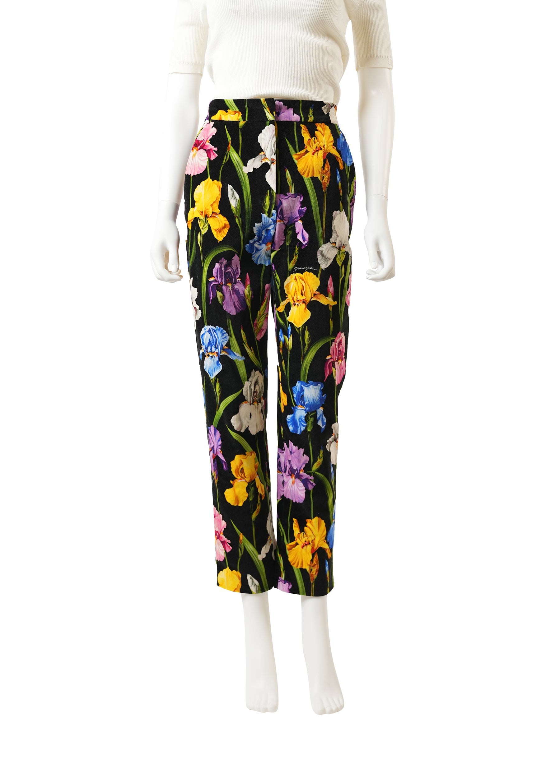 Dolce and Gabbana Iris-Print Straight-Leg Velvet Ankle Pants