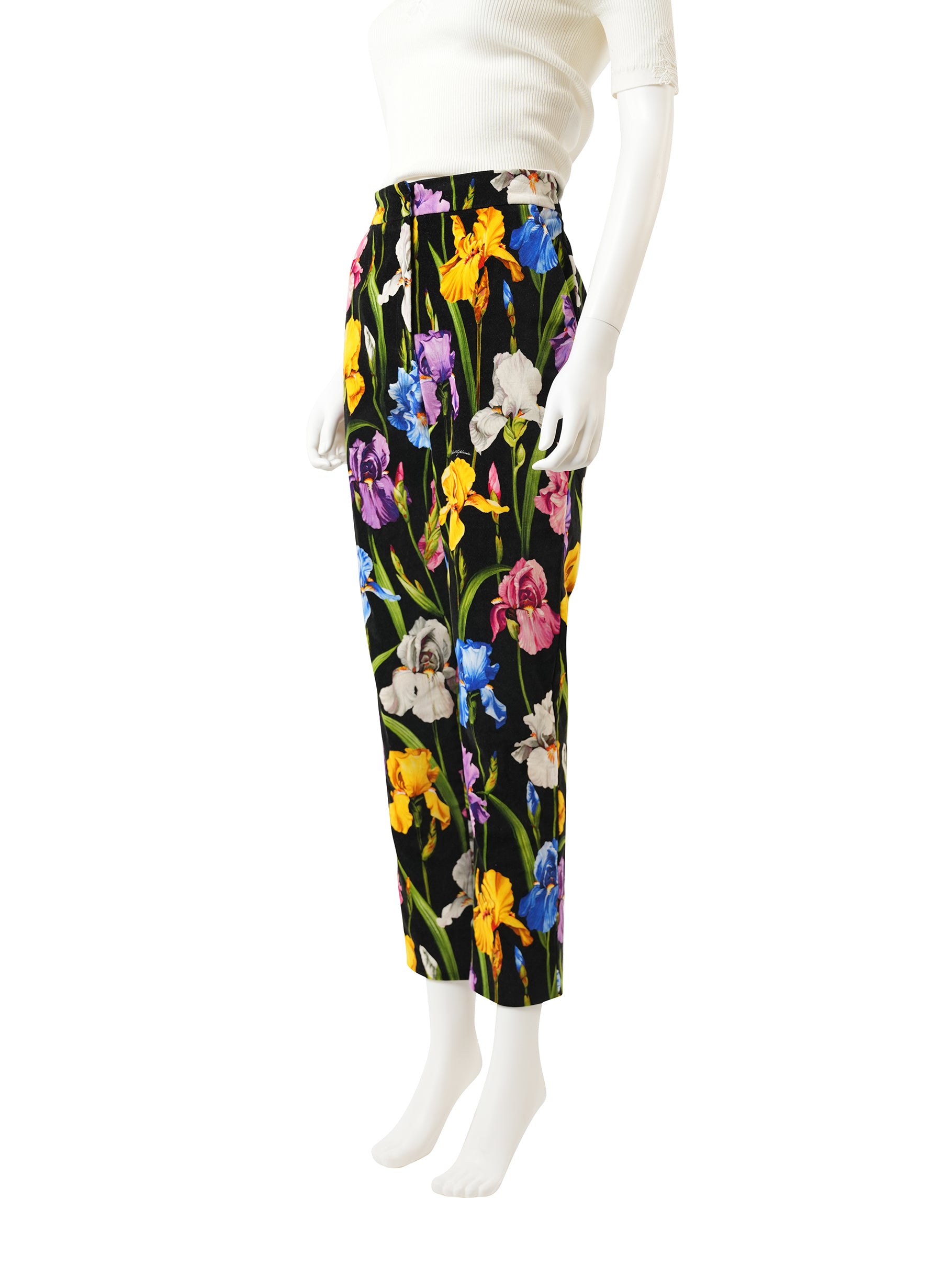 Dolce and Gabbana Iris-Print Straight-Leg Velvet Ankle Pants