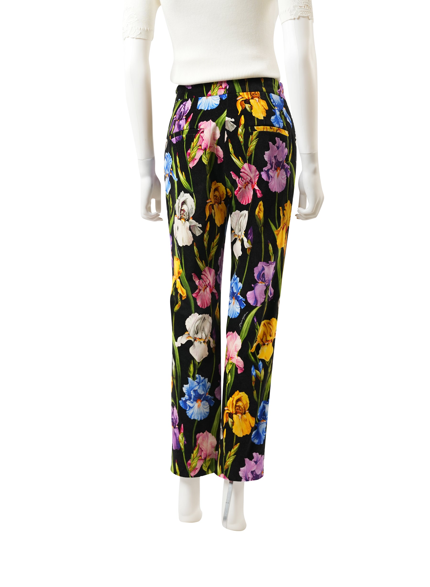 Dolce and Gabbana Iris-Print Straight-Leg Velvet Ankle Pants