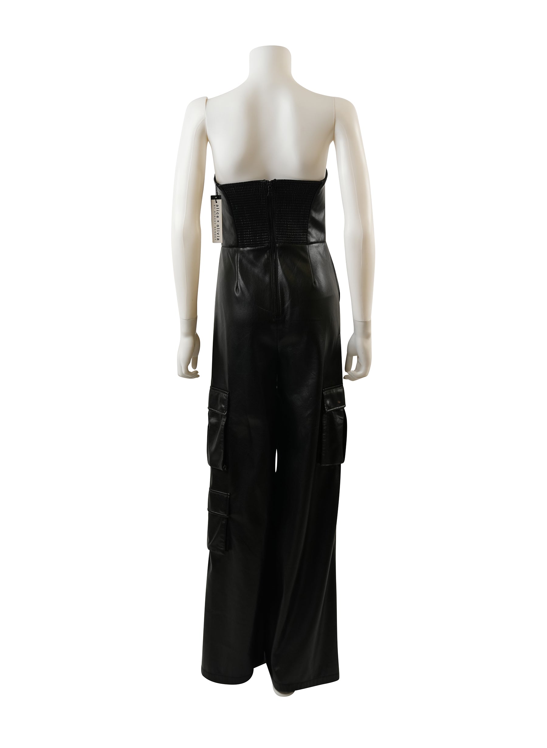 Alice + Olivia Emelda Cargo Vegan Leather Straplees Jumpsuit