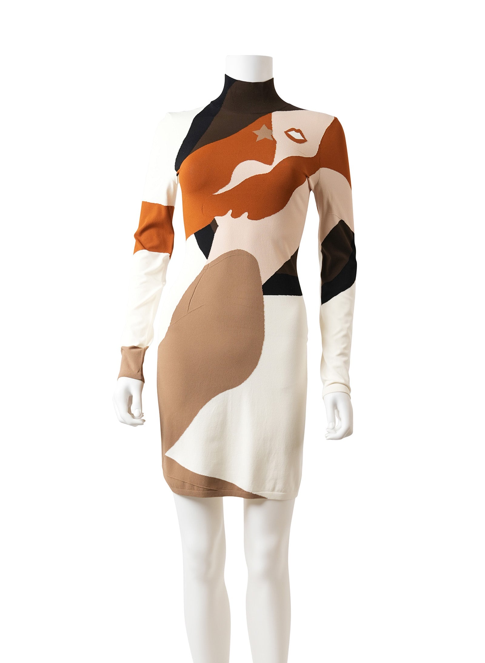 Fendi Cream & Multi Face Knit Turtleneck Dress