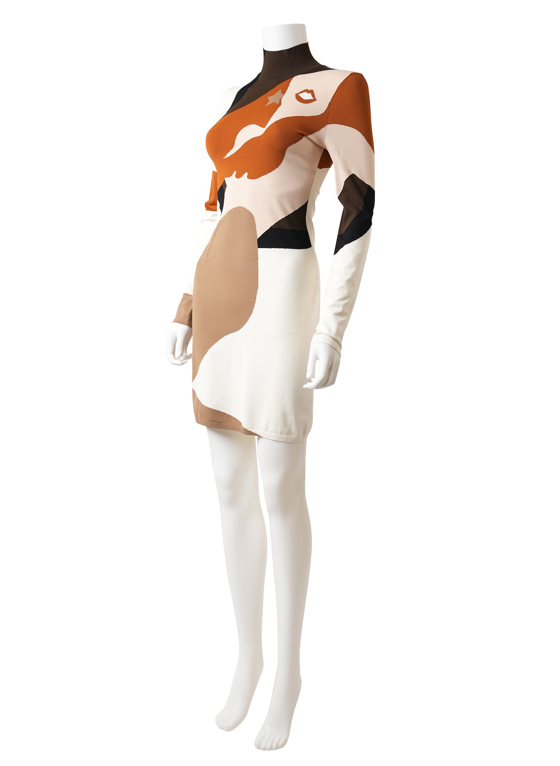 Fendi Cream & Multi Face Knit Turtleneck Dress