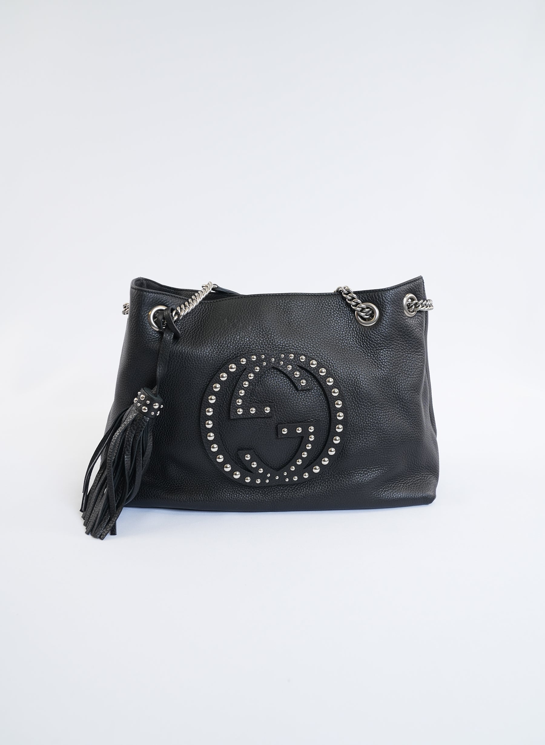 Gucci Black Pebbled Leather Studded Soho Shoulder Bag