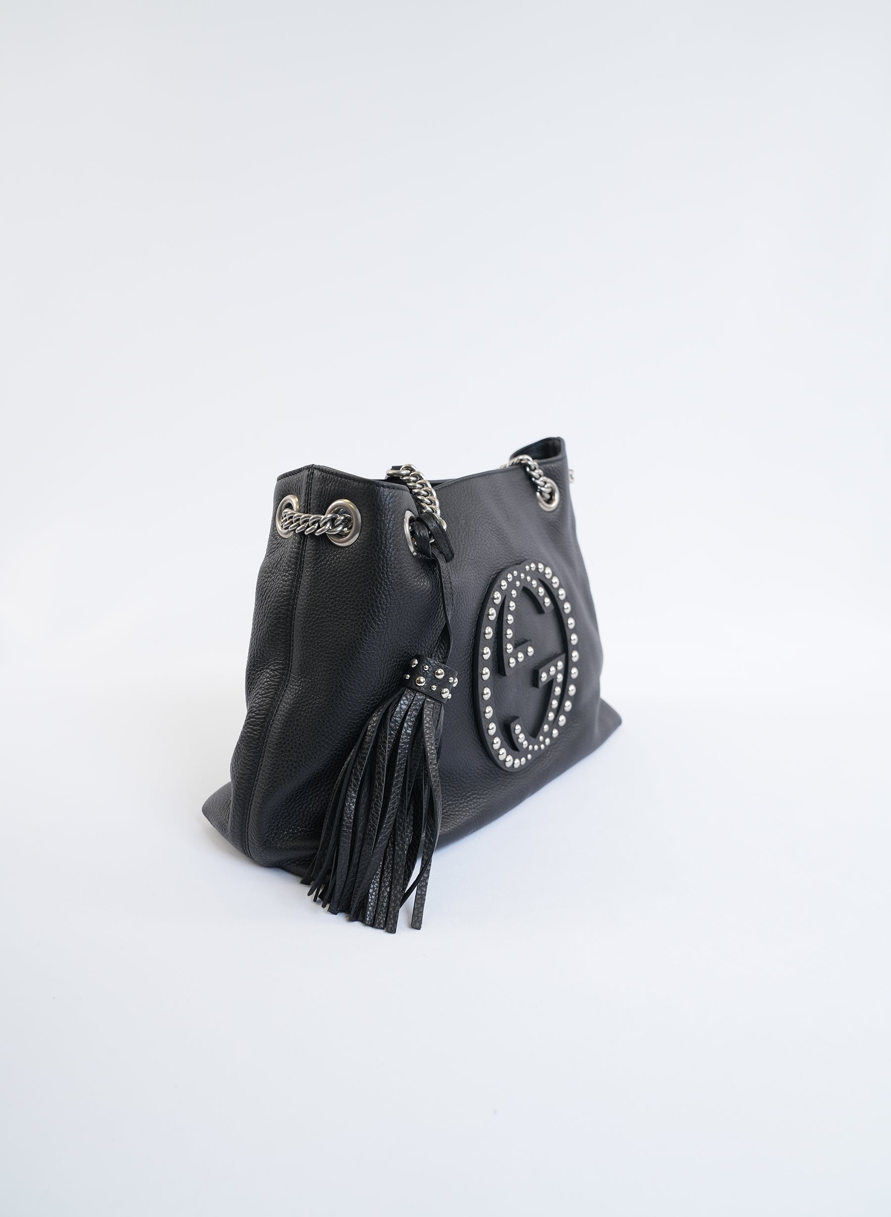 Gucci Black Pebbled Leather Studded Soho Shoulder Bag