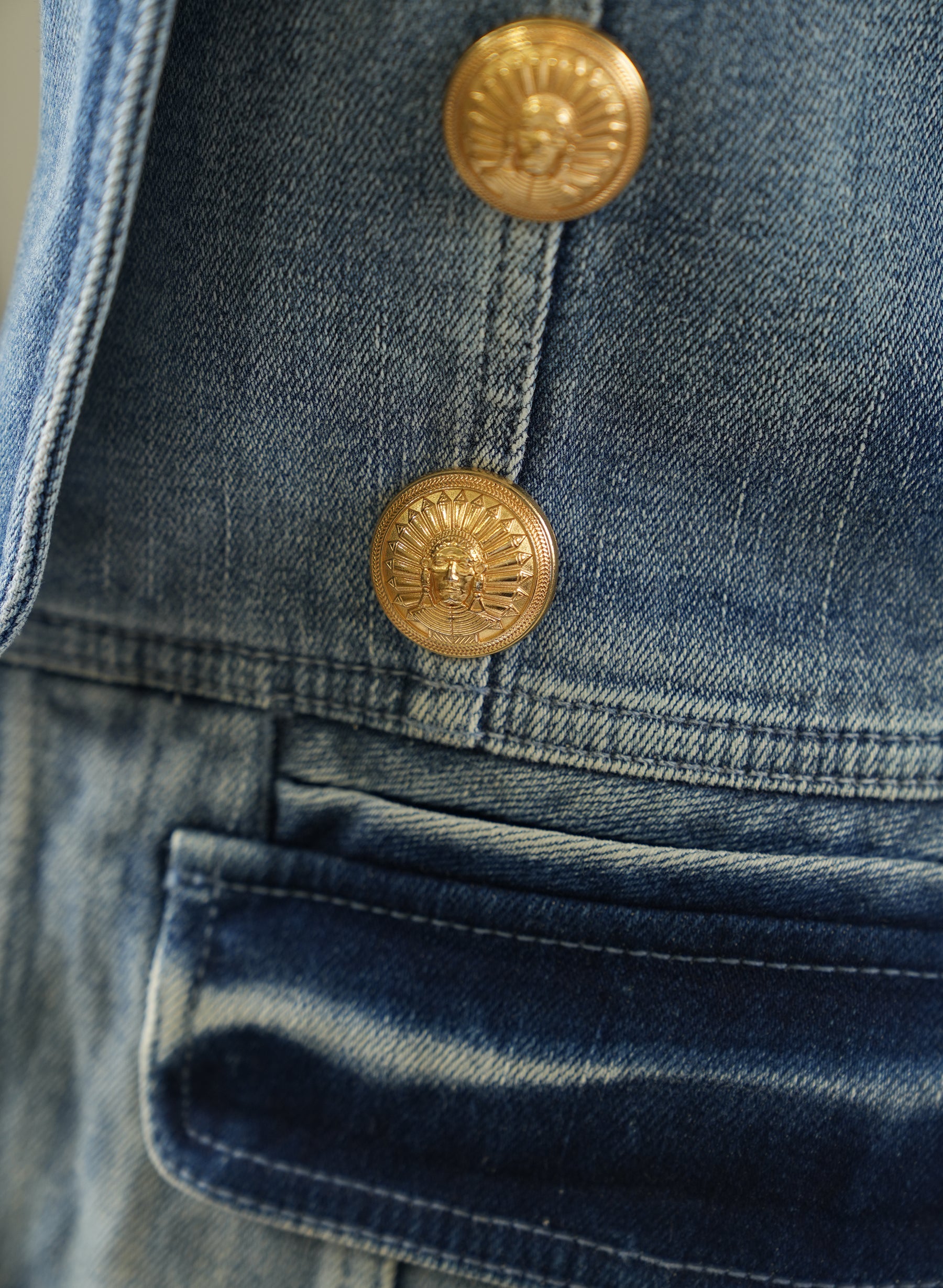 Balmain Denim Jacket with Gold Military Buttons