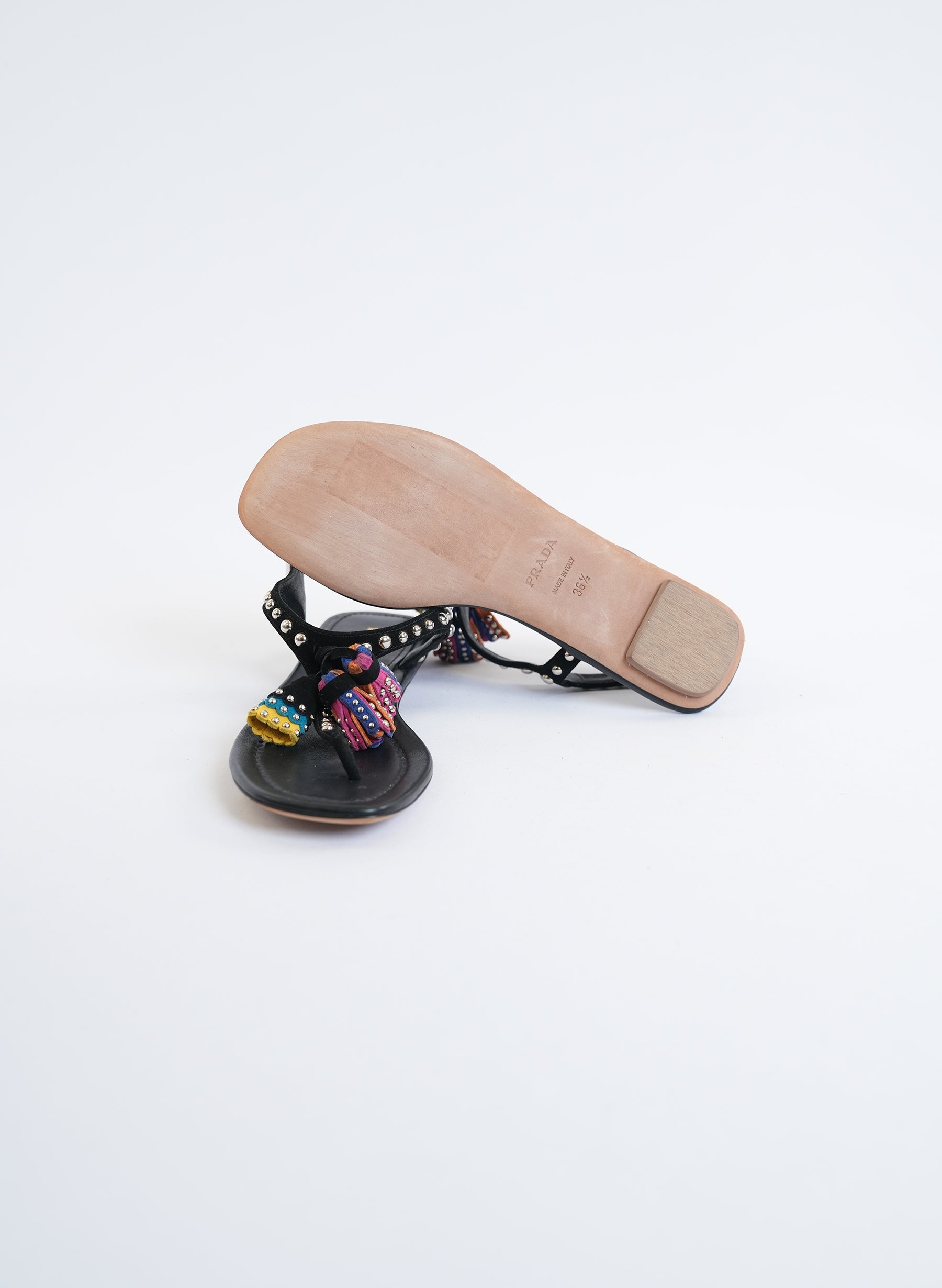 Prada Black Studded Suede Tassel Thong Sandal