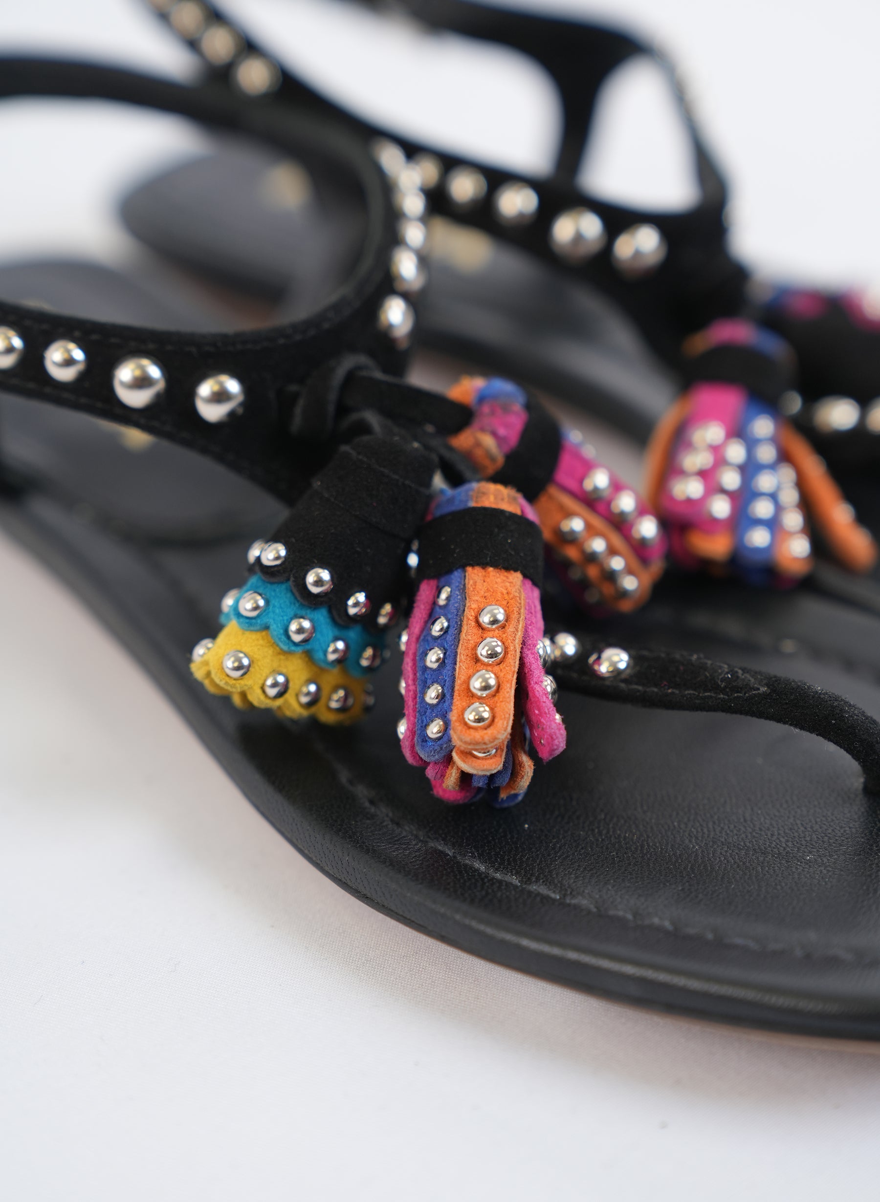 Prada Black Studded Suede Tassel Thong Sandal