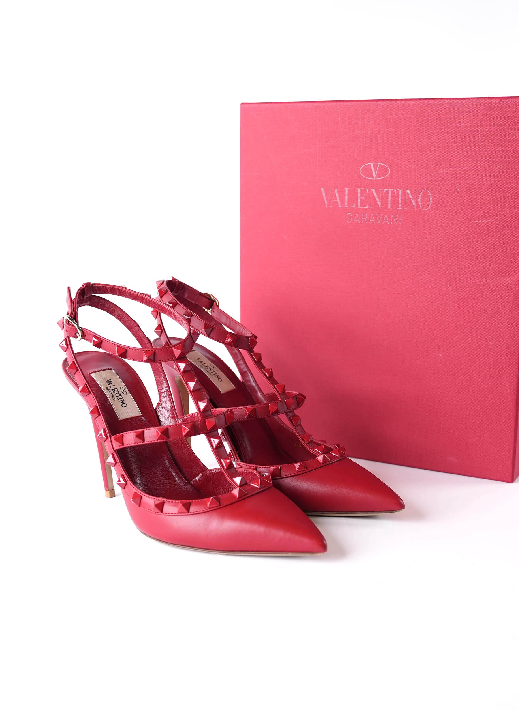 Valentino Red Leather Rockstud Ankle Strap Pumps