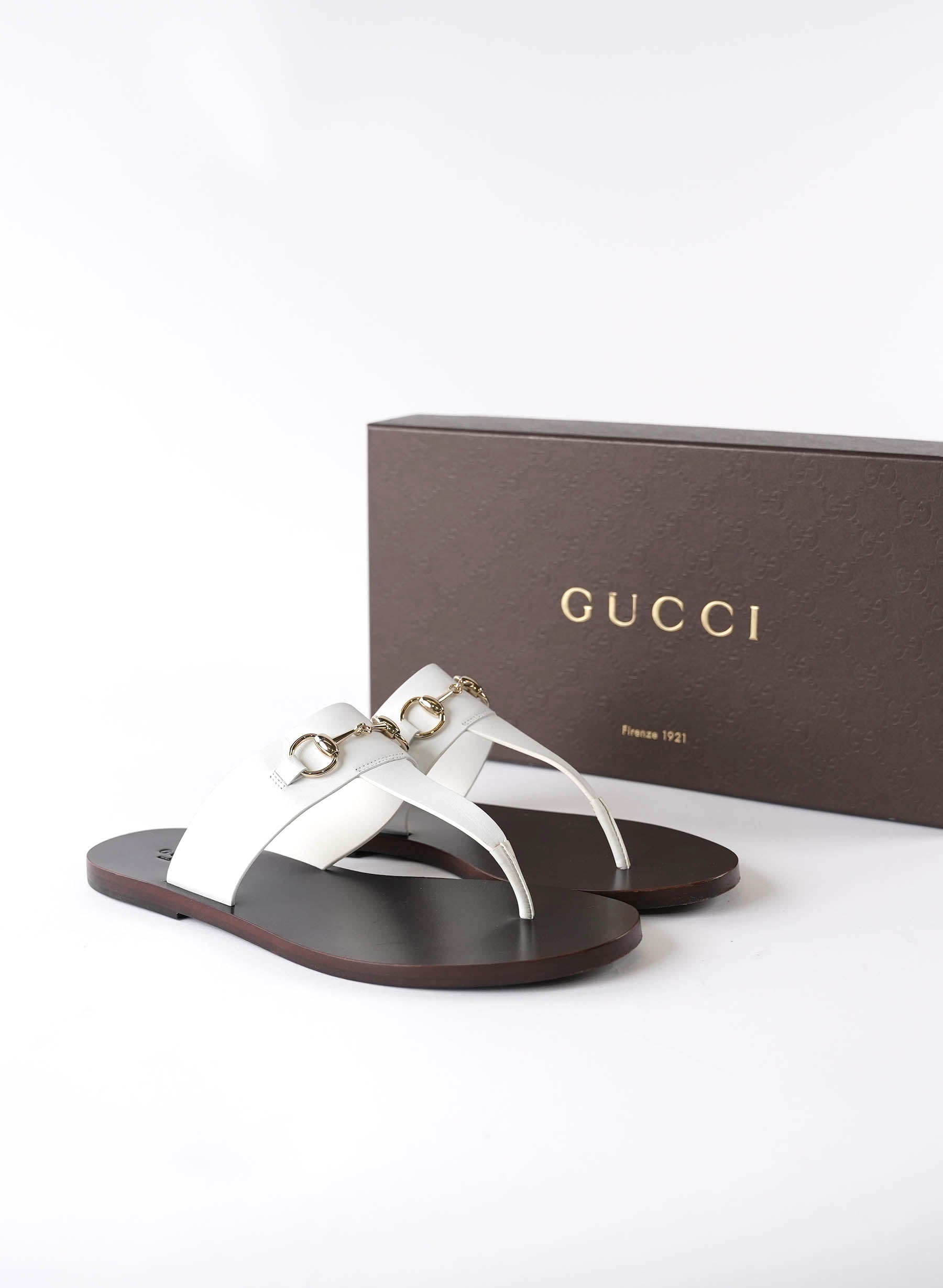 Gucci White Leather Horsebit Sandals