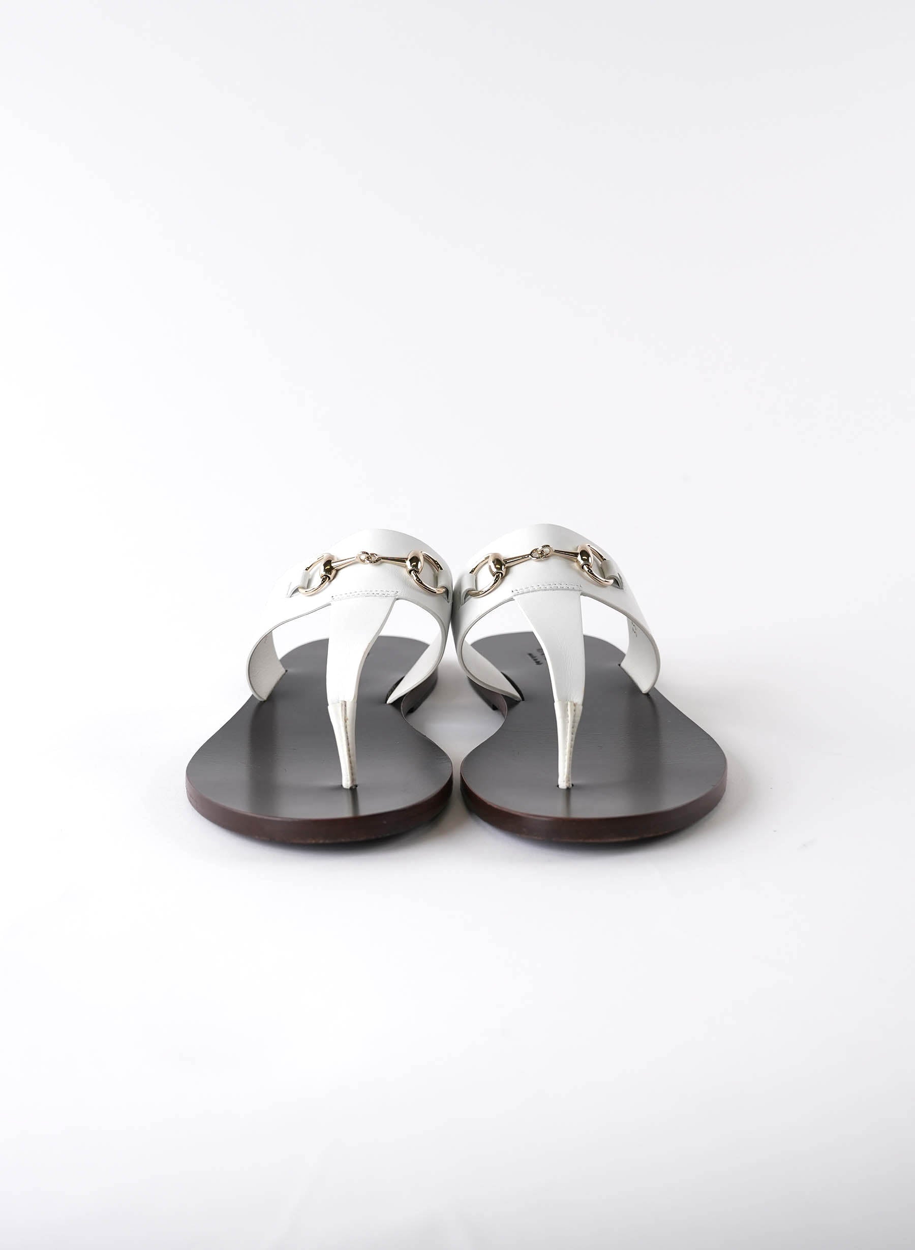 Gucci White Leather Horsebit Sandals