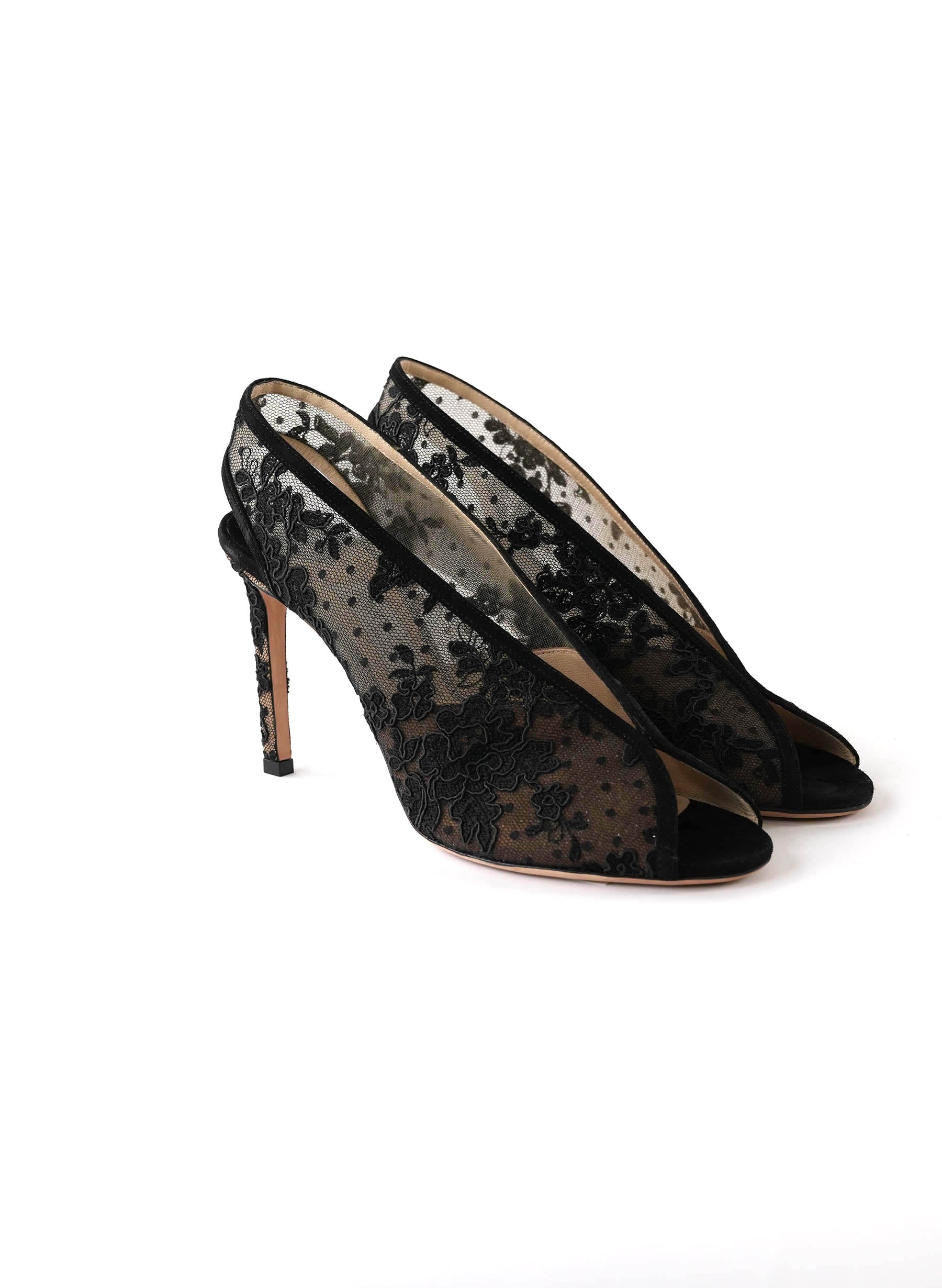 Jimmy Choo Black Lace and Suede Shar Slingback Sandals