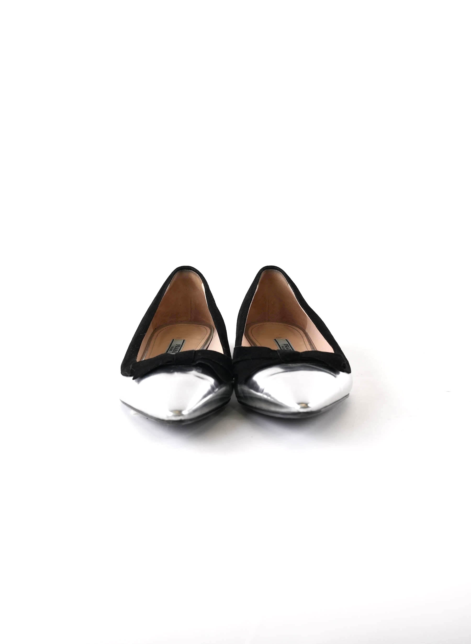 Prada Leather Pointed-Toe Bow Flats Metallic Silver 37.5