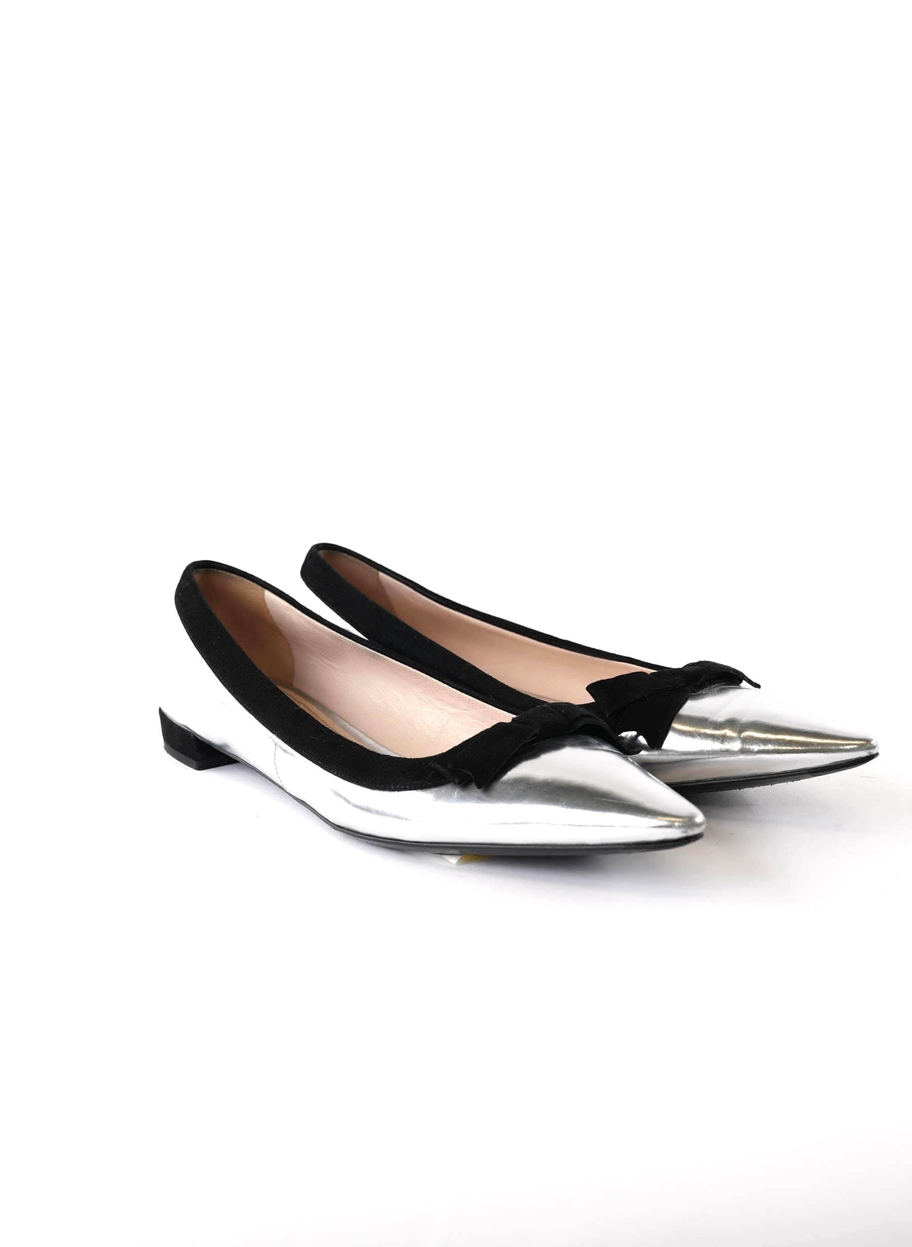 Prada Leather Pointed-Toe Bow Flats Metallic Silver 37.5