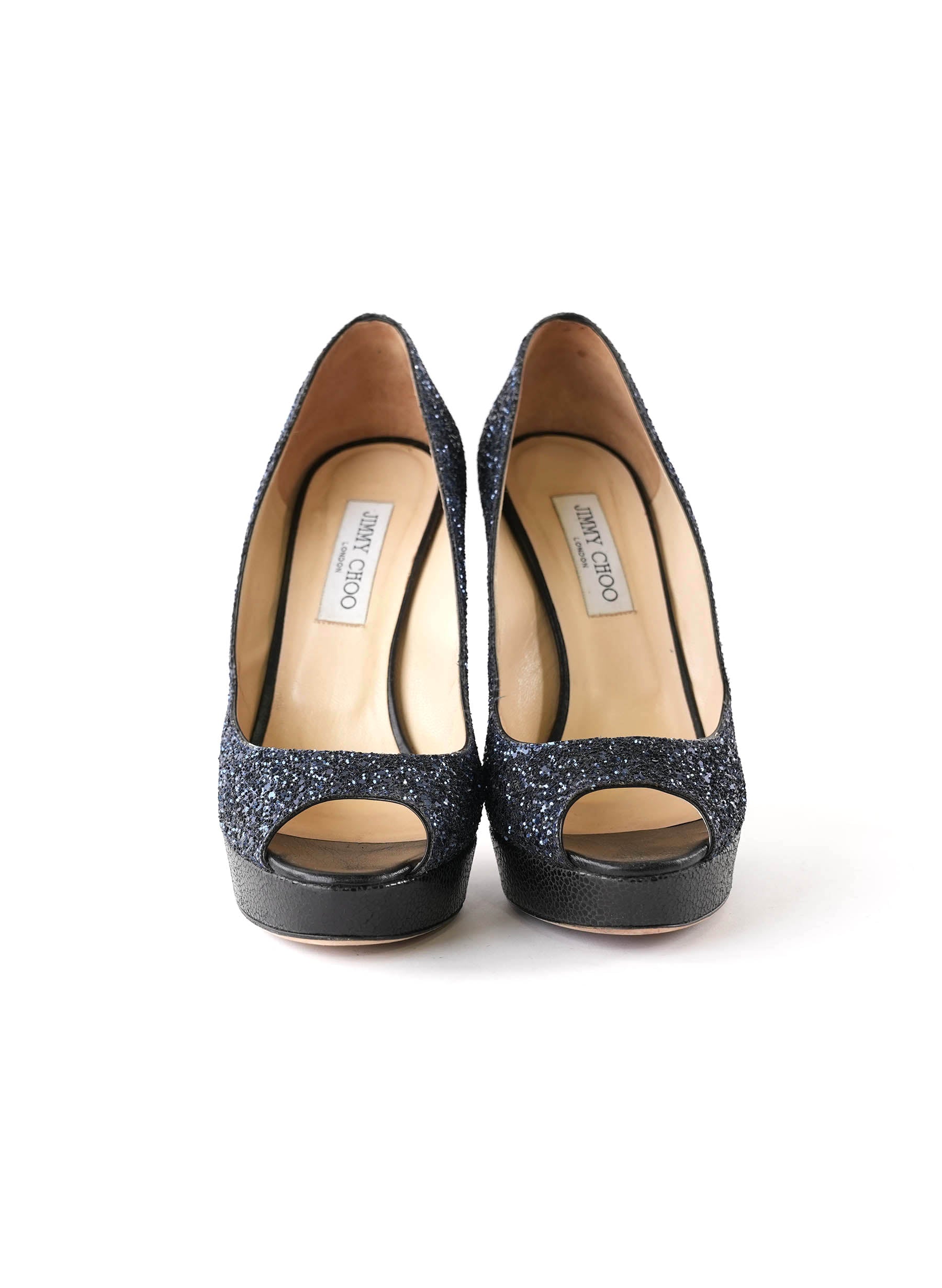 Jimmy Choo Dark Blue Glitter Peep-Toe Heels