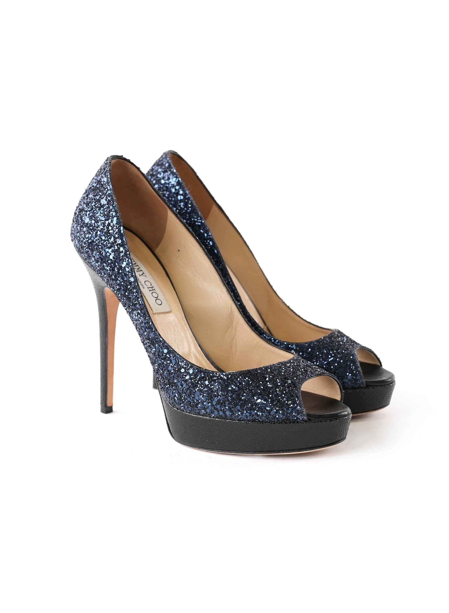 Jimmy Choo Dark Blue Glitter Peep-Toe Heels