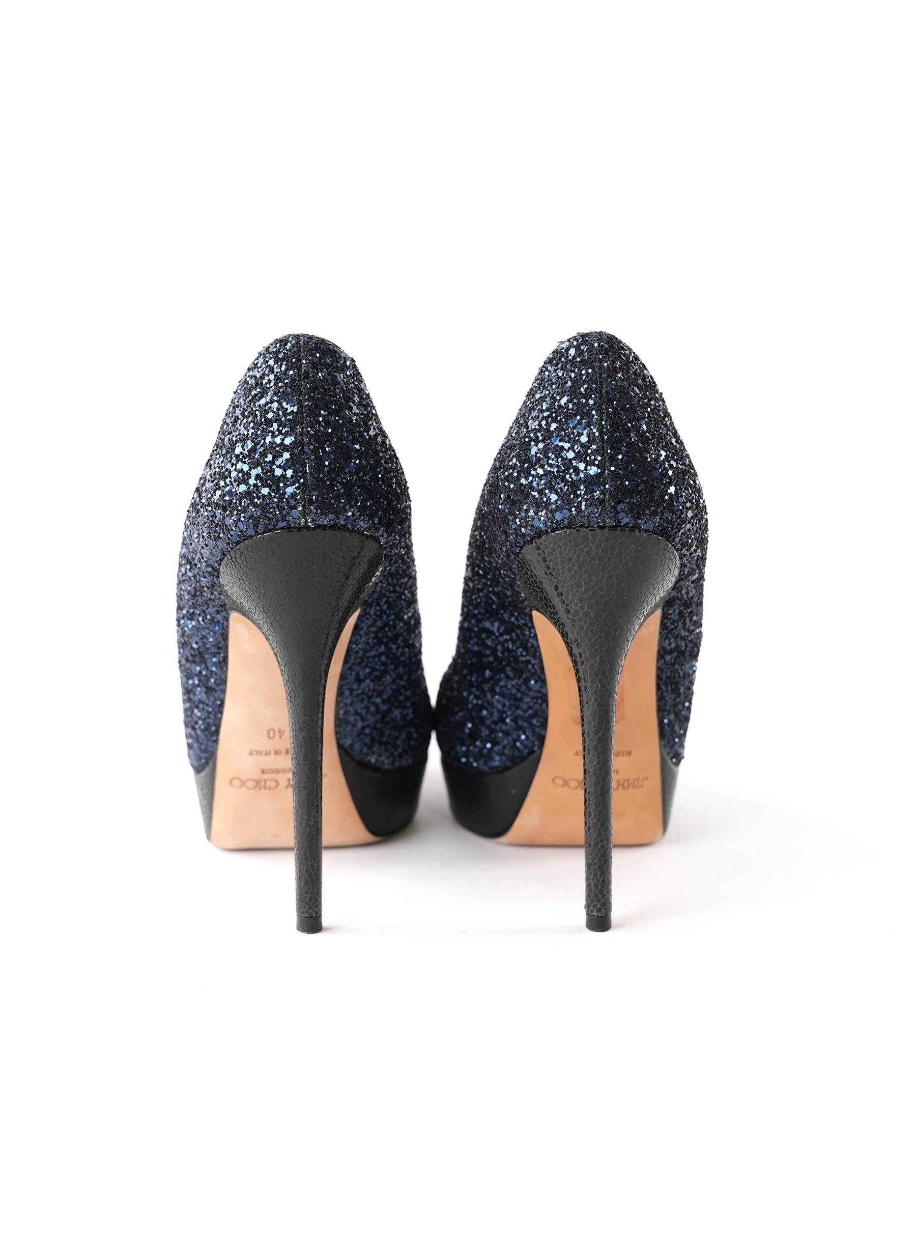 Jimmy Choo Dark Blue Glitter Peep-Toe Heels