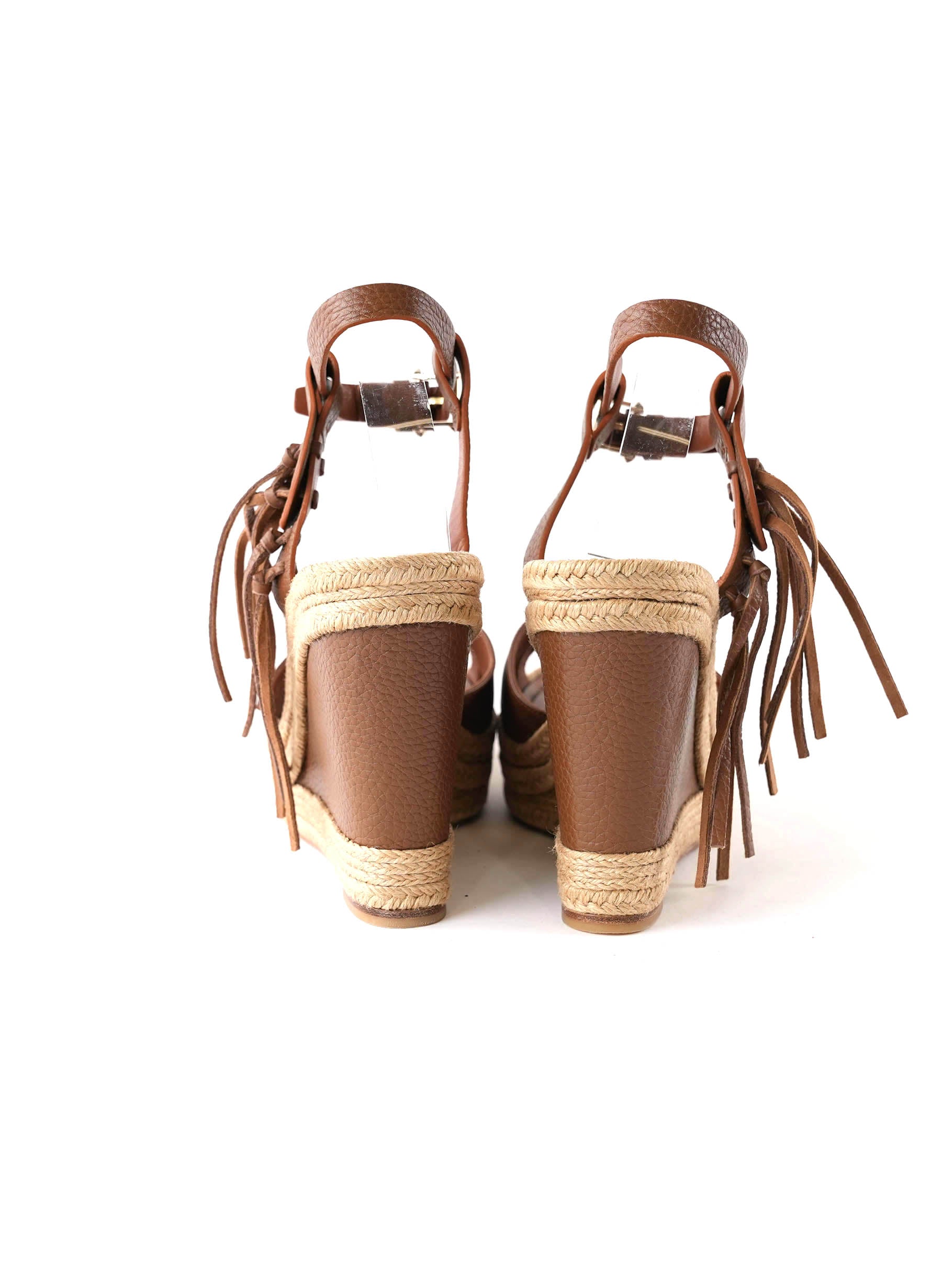 Valentino Leather Rocker Wedge Fringe Sandals Brown 39.5