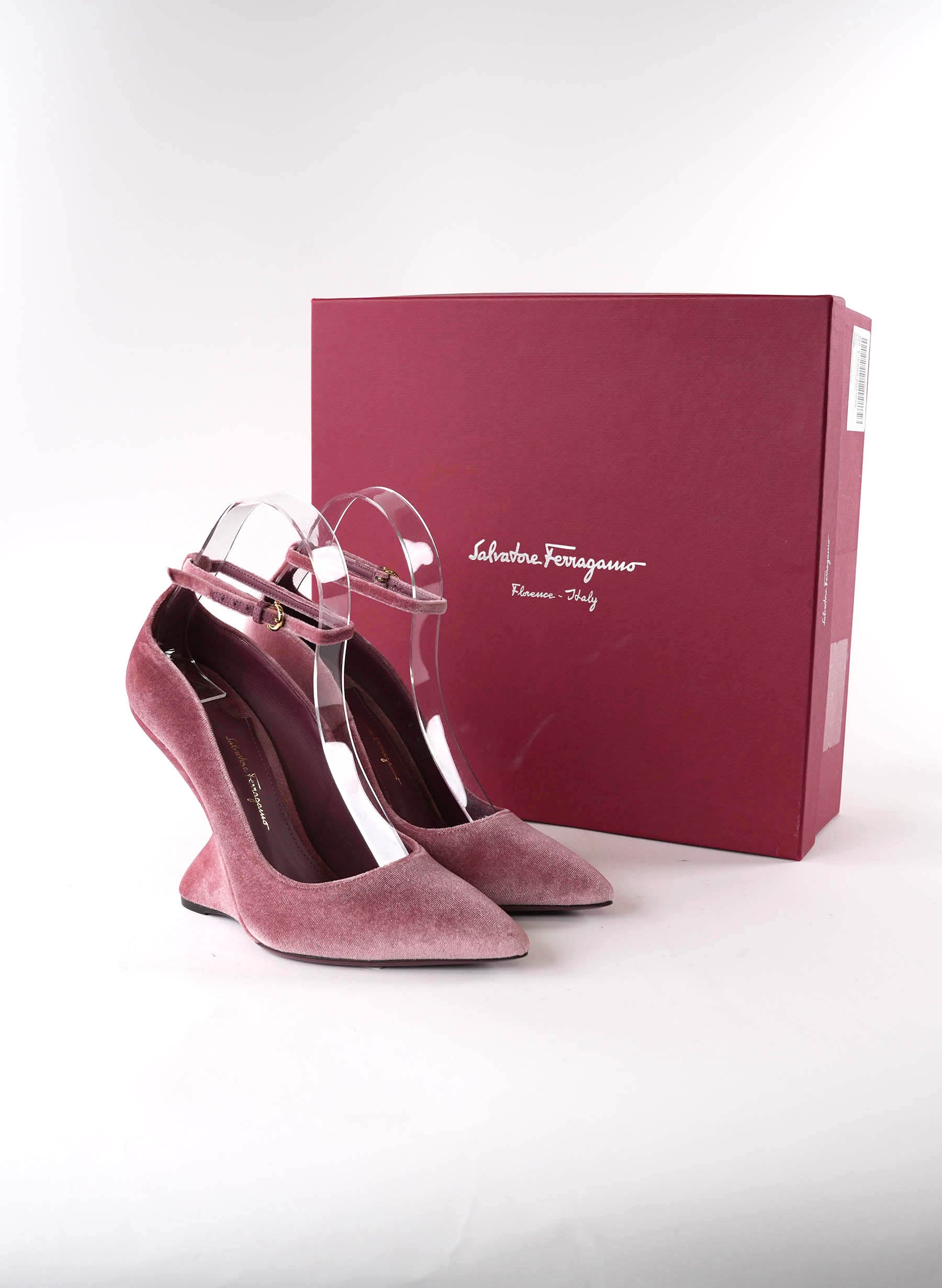 Salvatore Ferragamo Pink Tivoli Velvet F-wedge Pumps