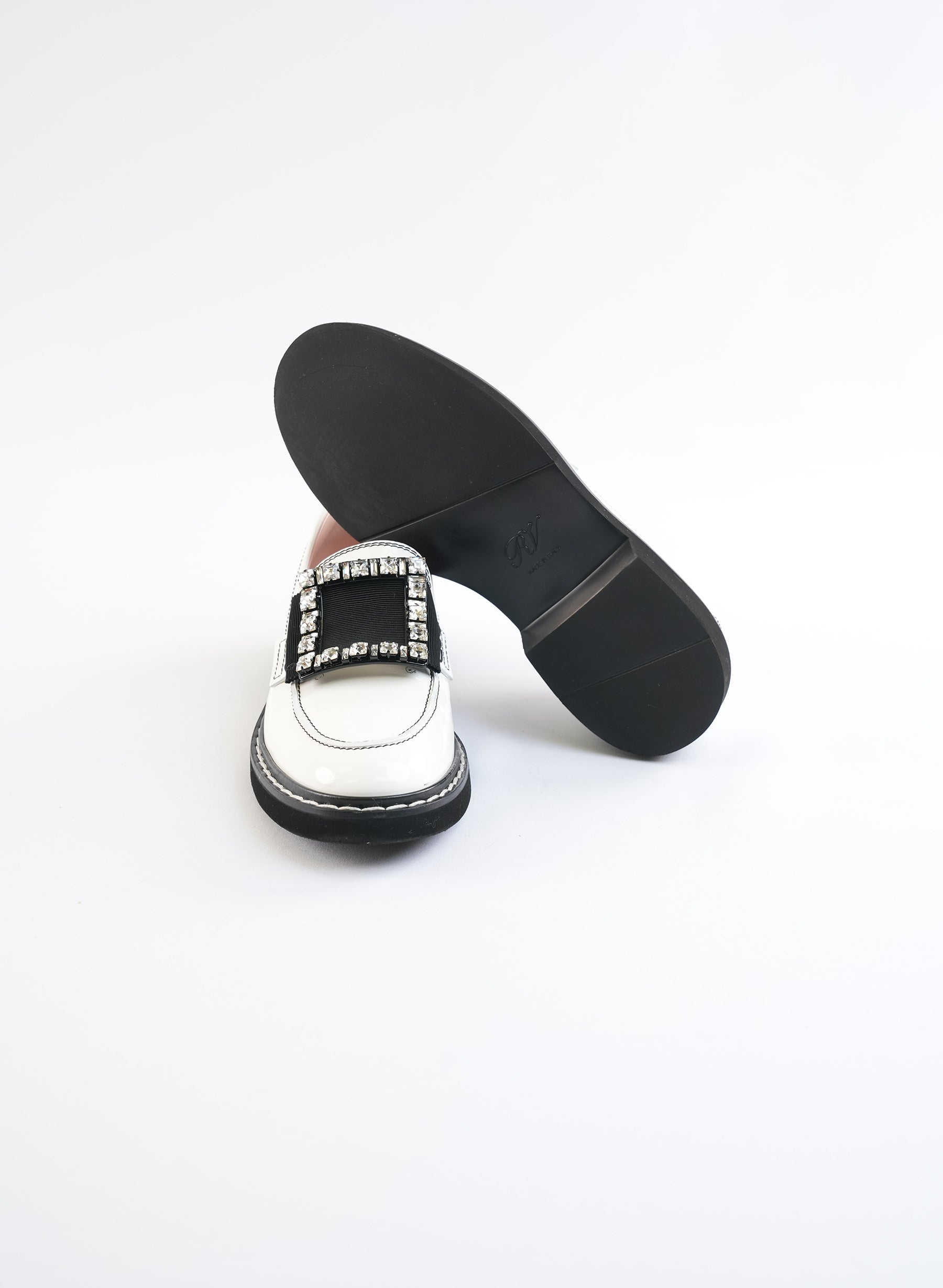 Roger Viver White Patent Crystal Buckle Loafers