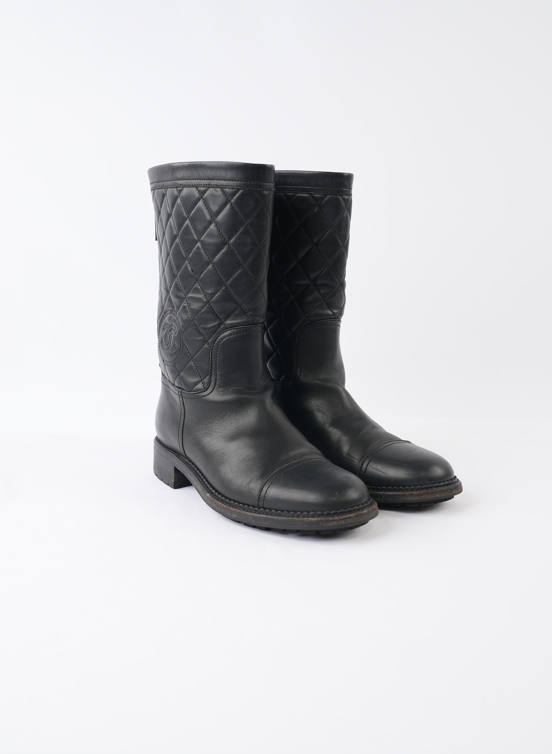 Chanel Black Leather Quilted Biker Boots