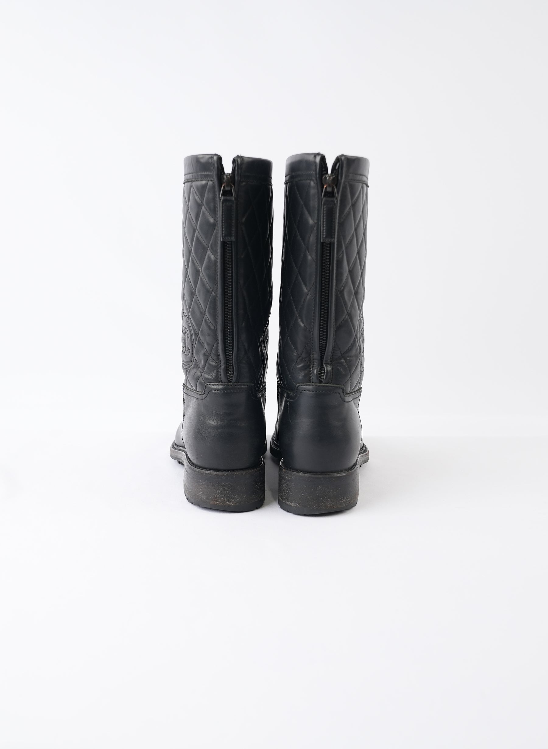 Chanel Black Leather Quilted Biker Boots