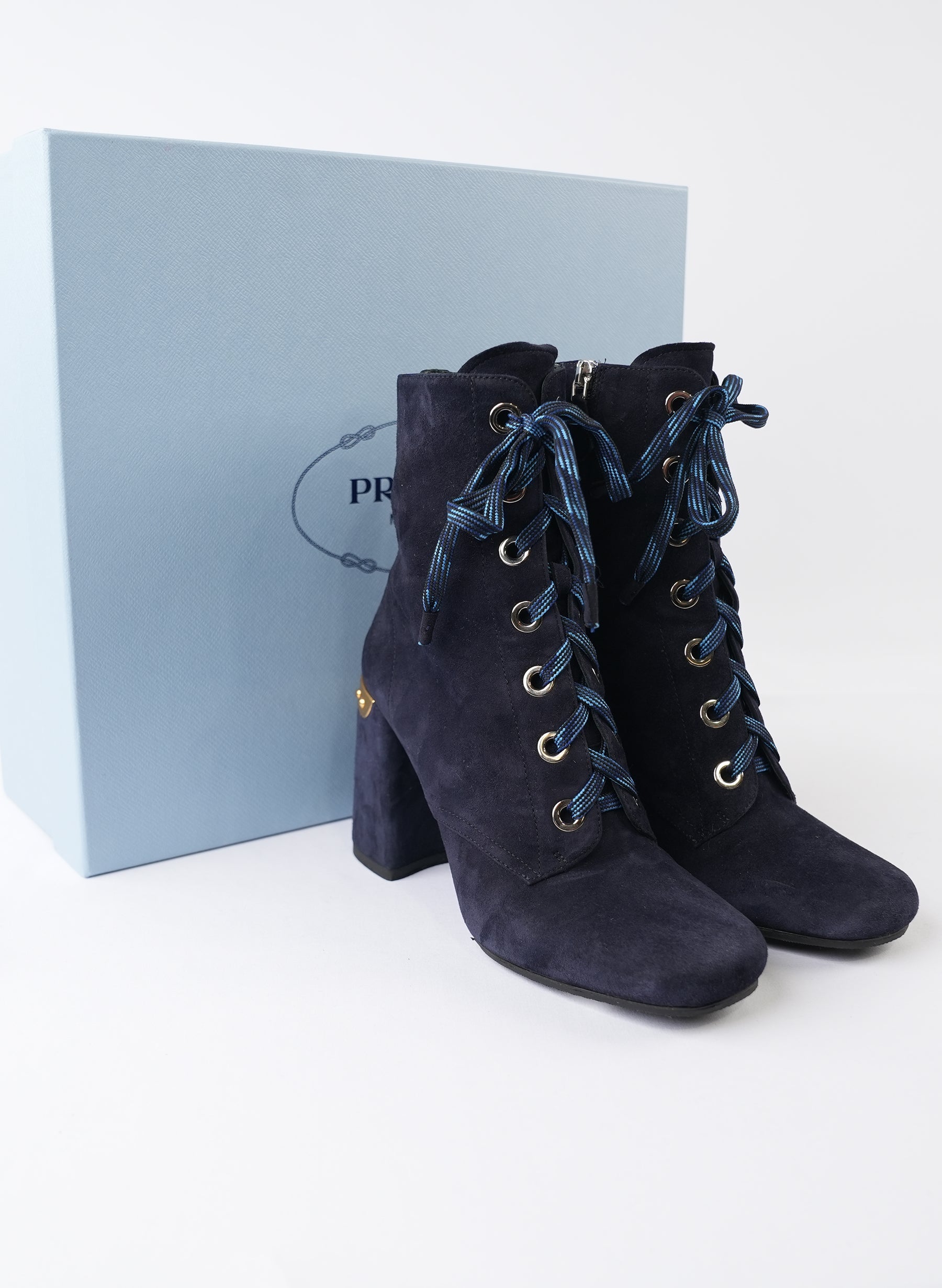 Prada Lace-Up Suede Heeled Ankle Boots