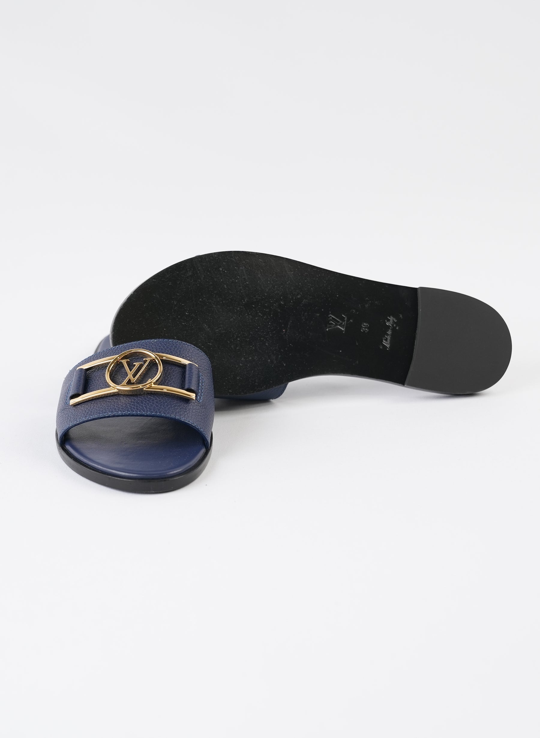 Louis Vuitton Navy Blue Leather Lock It Flat Slides