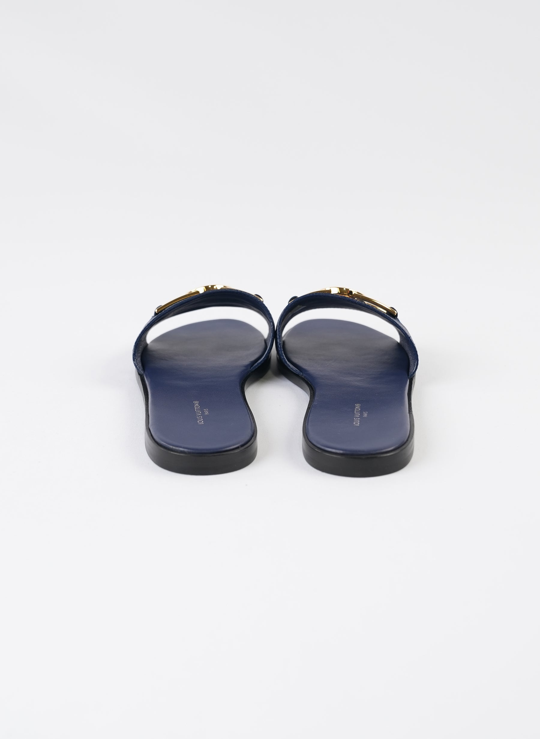 Louis Vuitton Navy Blue Leather Lock It Flat Slides