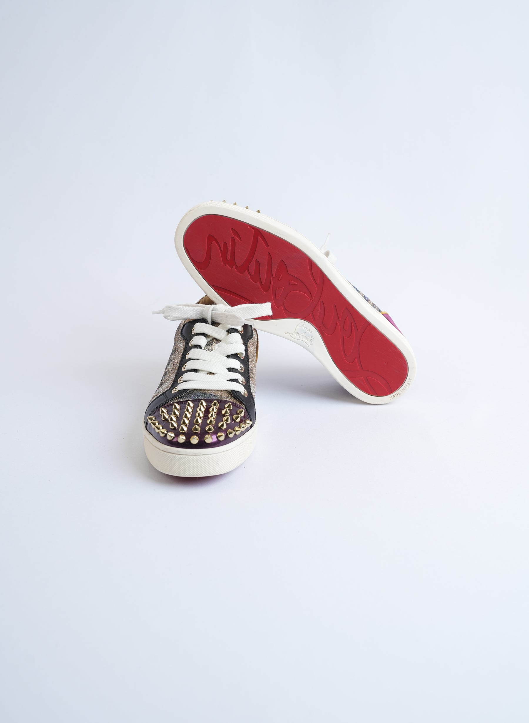 Christian Louboutin Glitter And Leather Louis Junior Spikes Sneakers