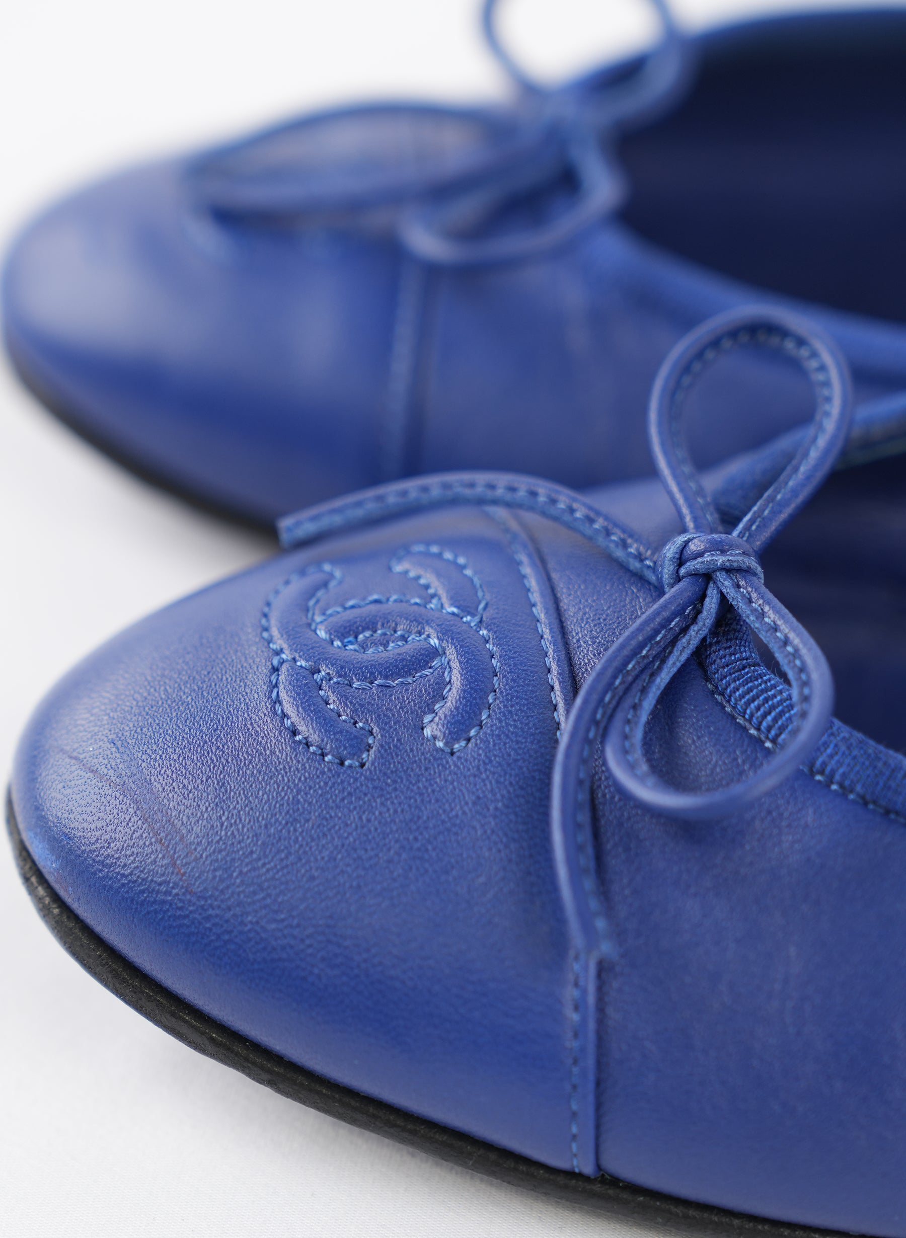 Chanel Blue Leather CC Bow Ballet Flats