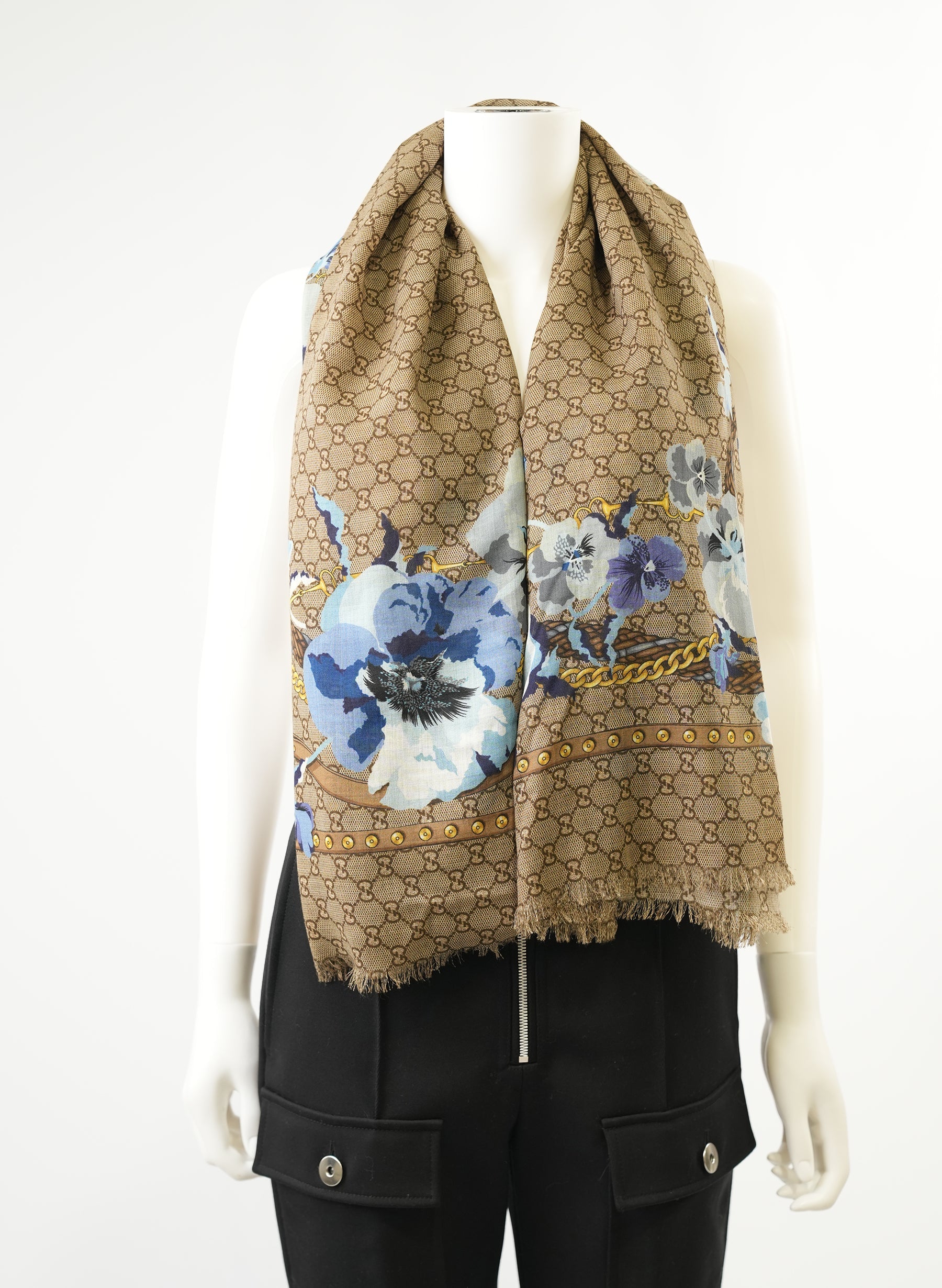 Gucci Peonie GG Web Blue Scarf