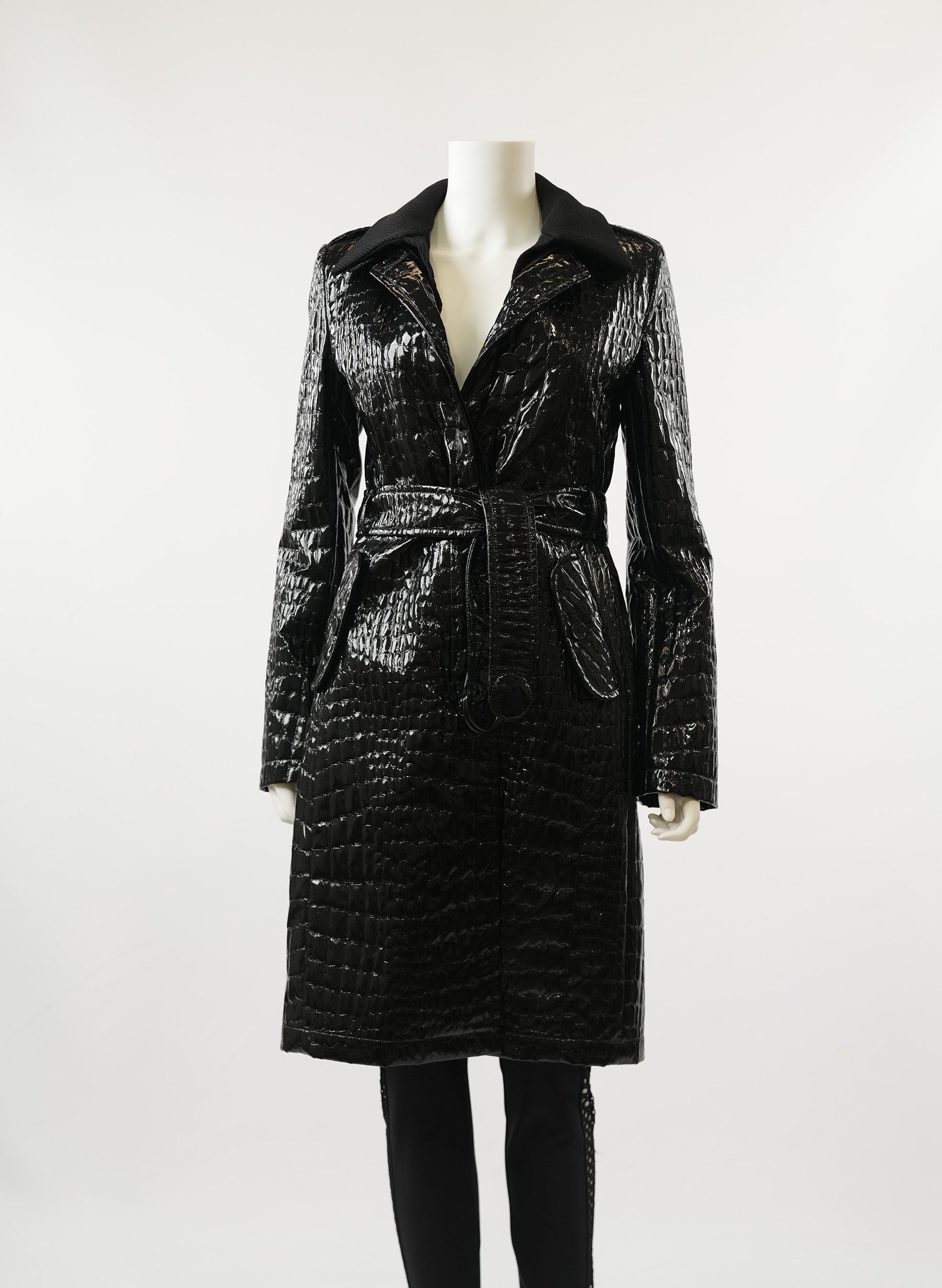 Akris Crocodile Black Patent Faux Leather Trench Coat