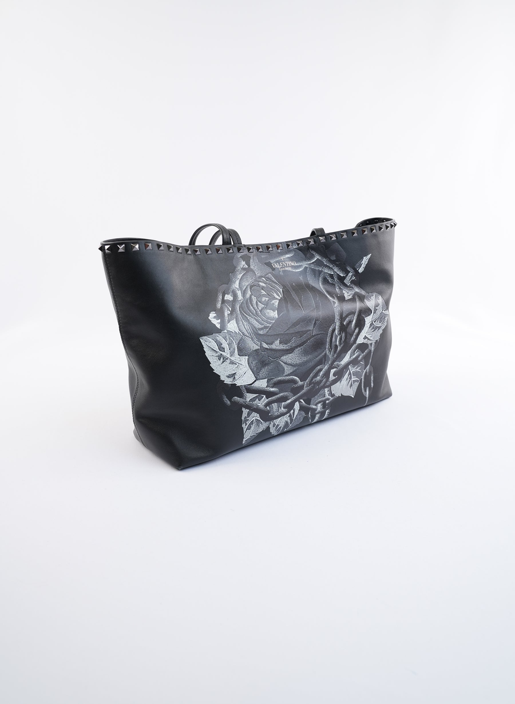 Valentino Undercover Rose Print Calfskin Rockstud Tote Bag