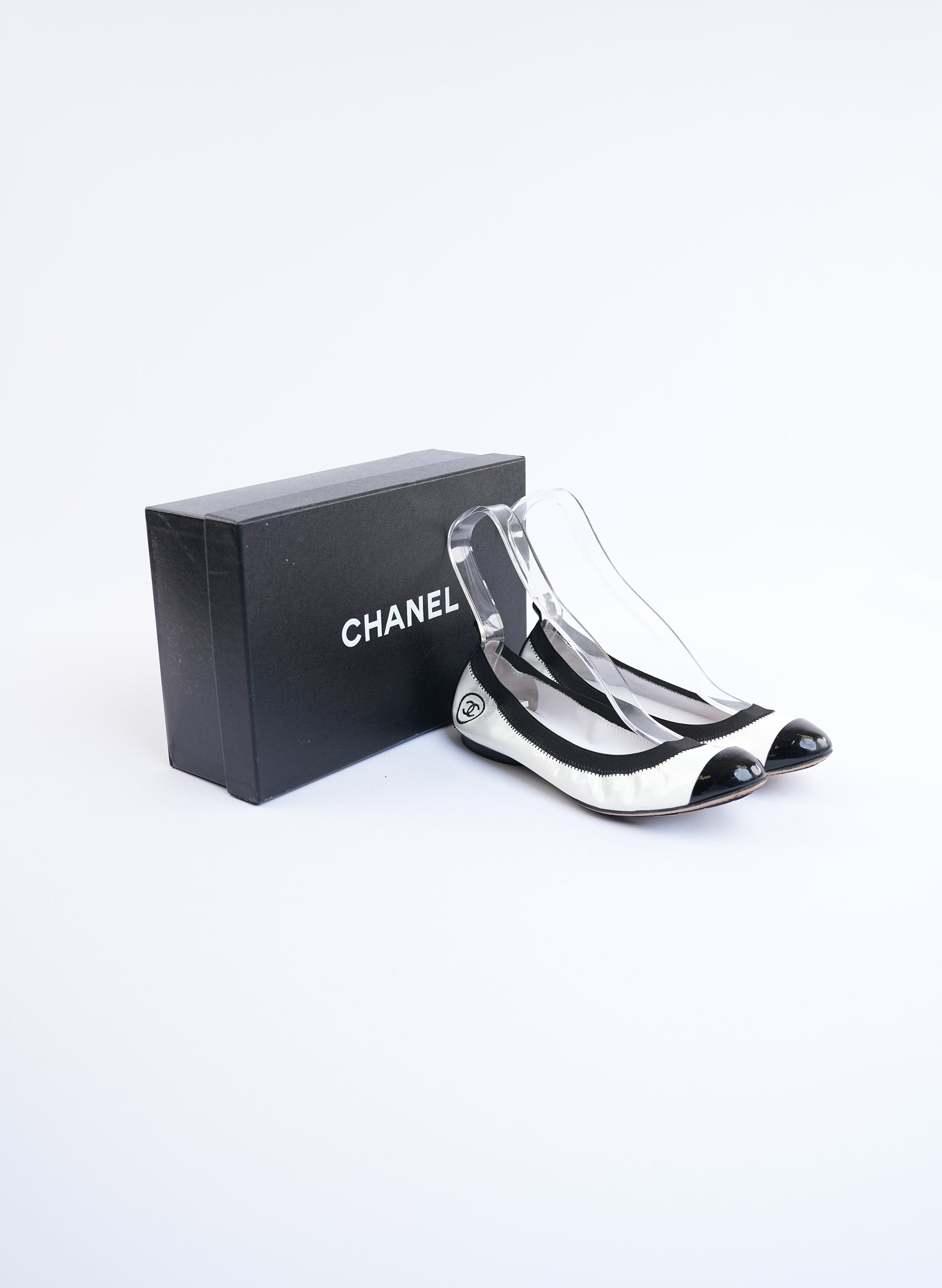 Chanel Black & White Patent Leather Ballet Flats