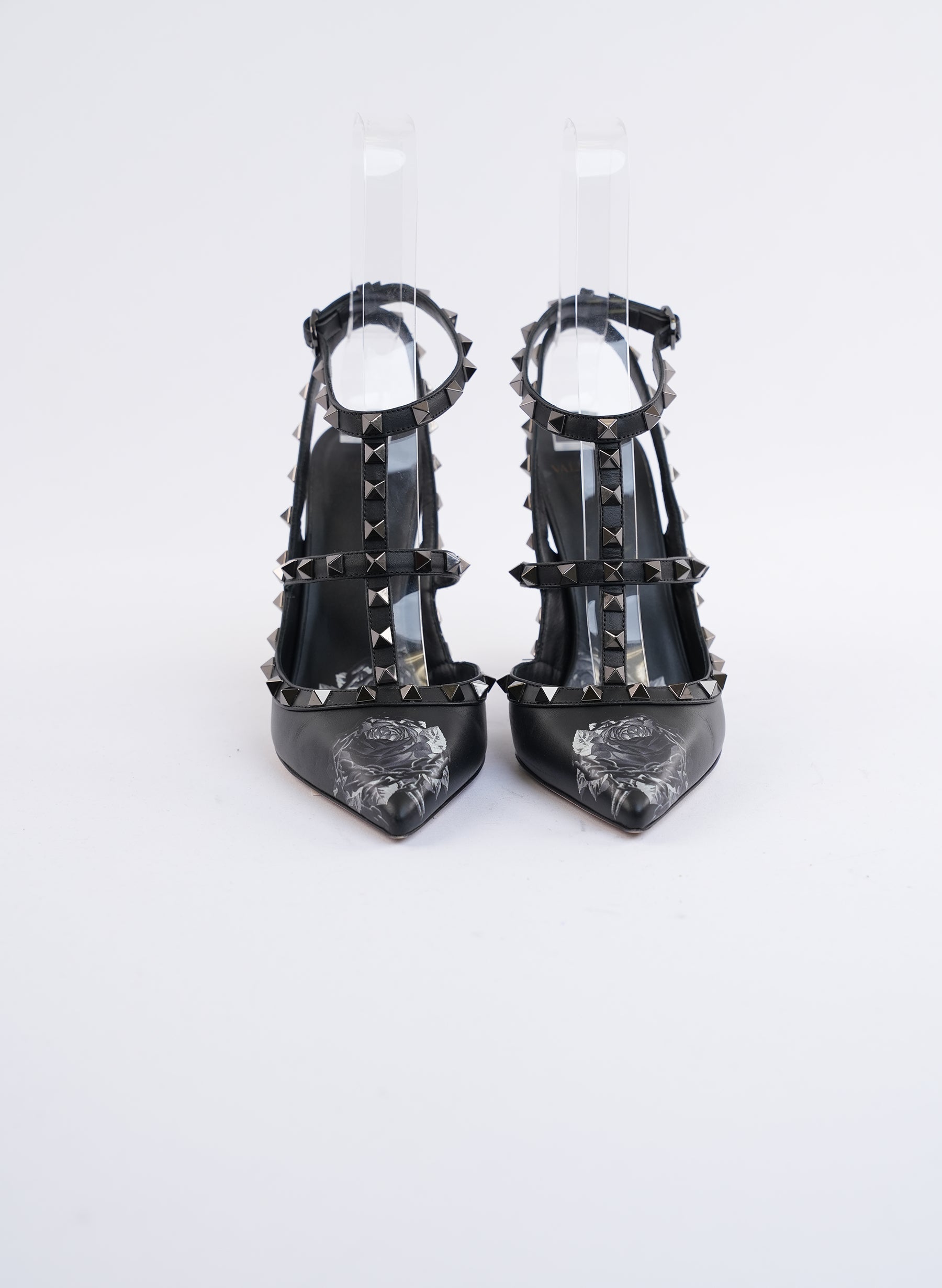 Valentino Rockstud Rose Print T Strap Heels