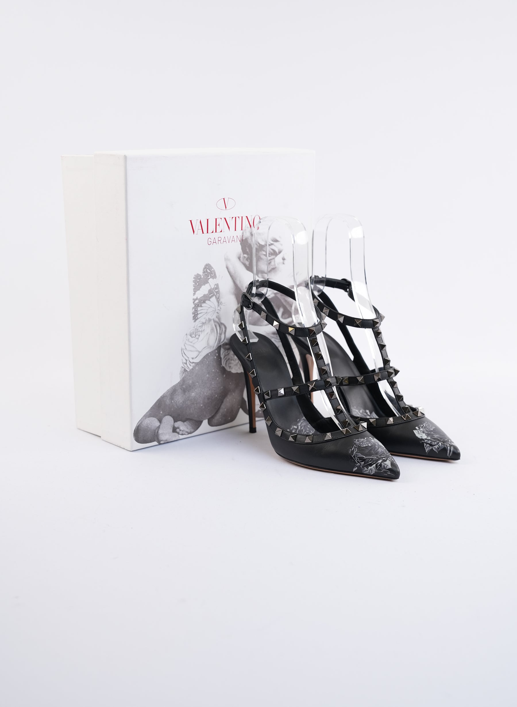 Valentino Rockstud Rose Print T Strap Heels