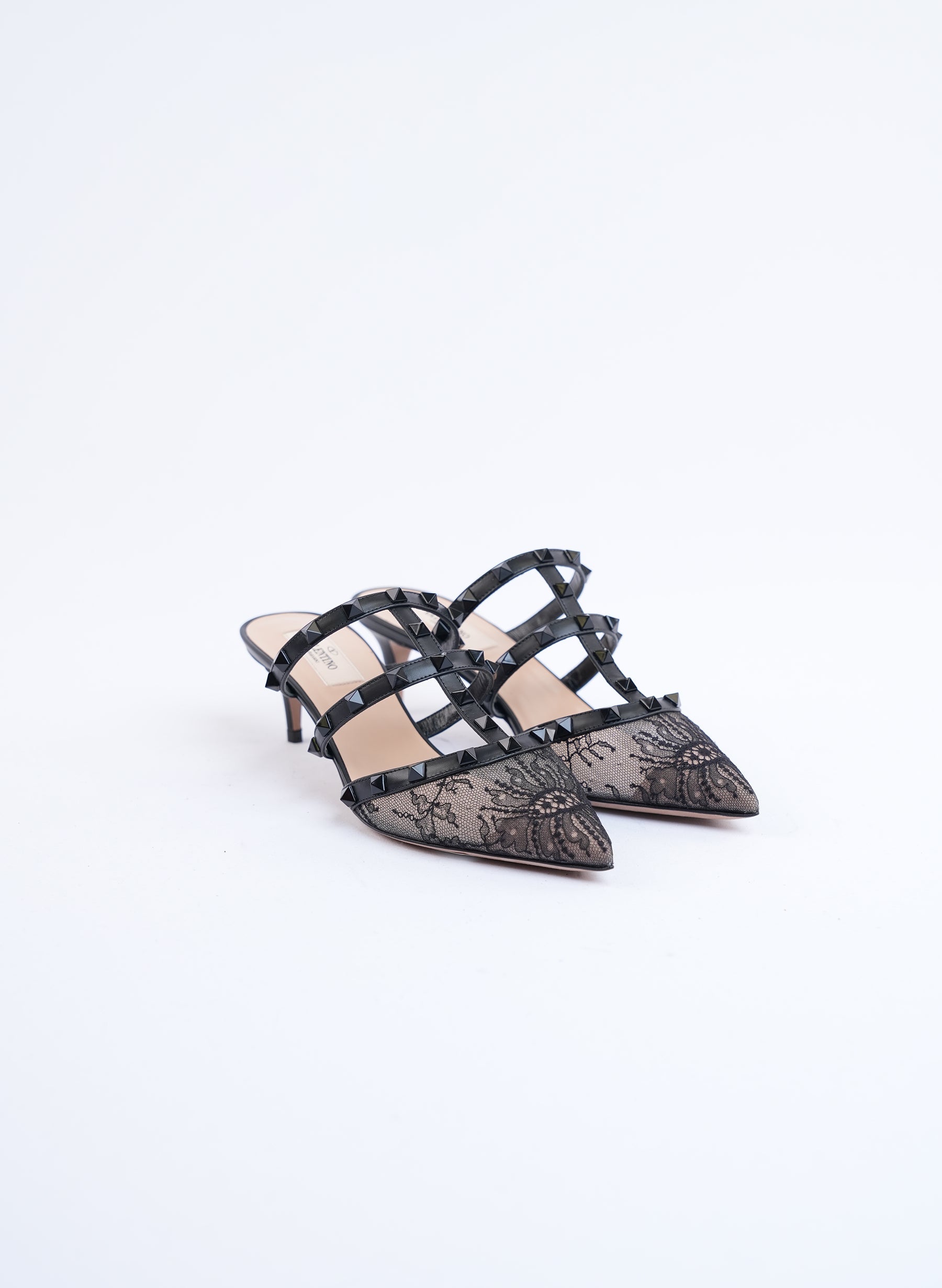 Valentino Rockstud Lace Caged Mules
