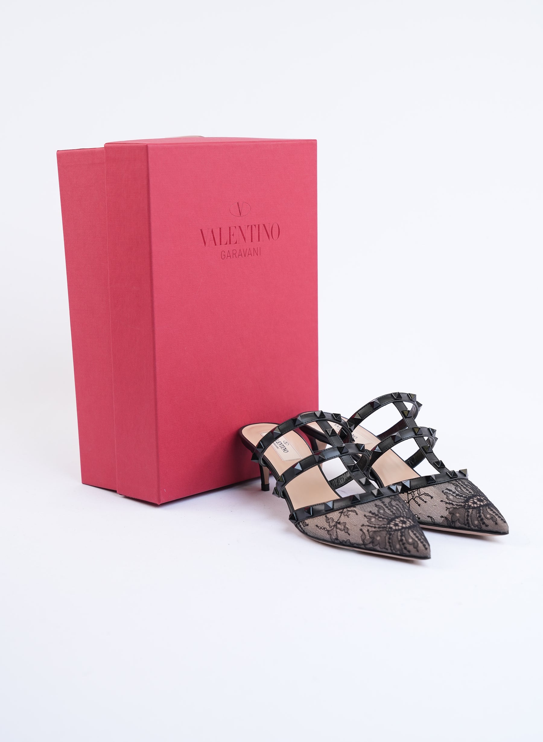 Valentino Rockstud Lace Caged Mules
