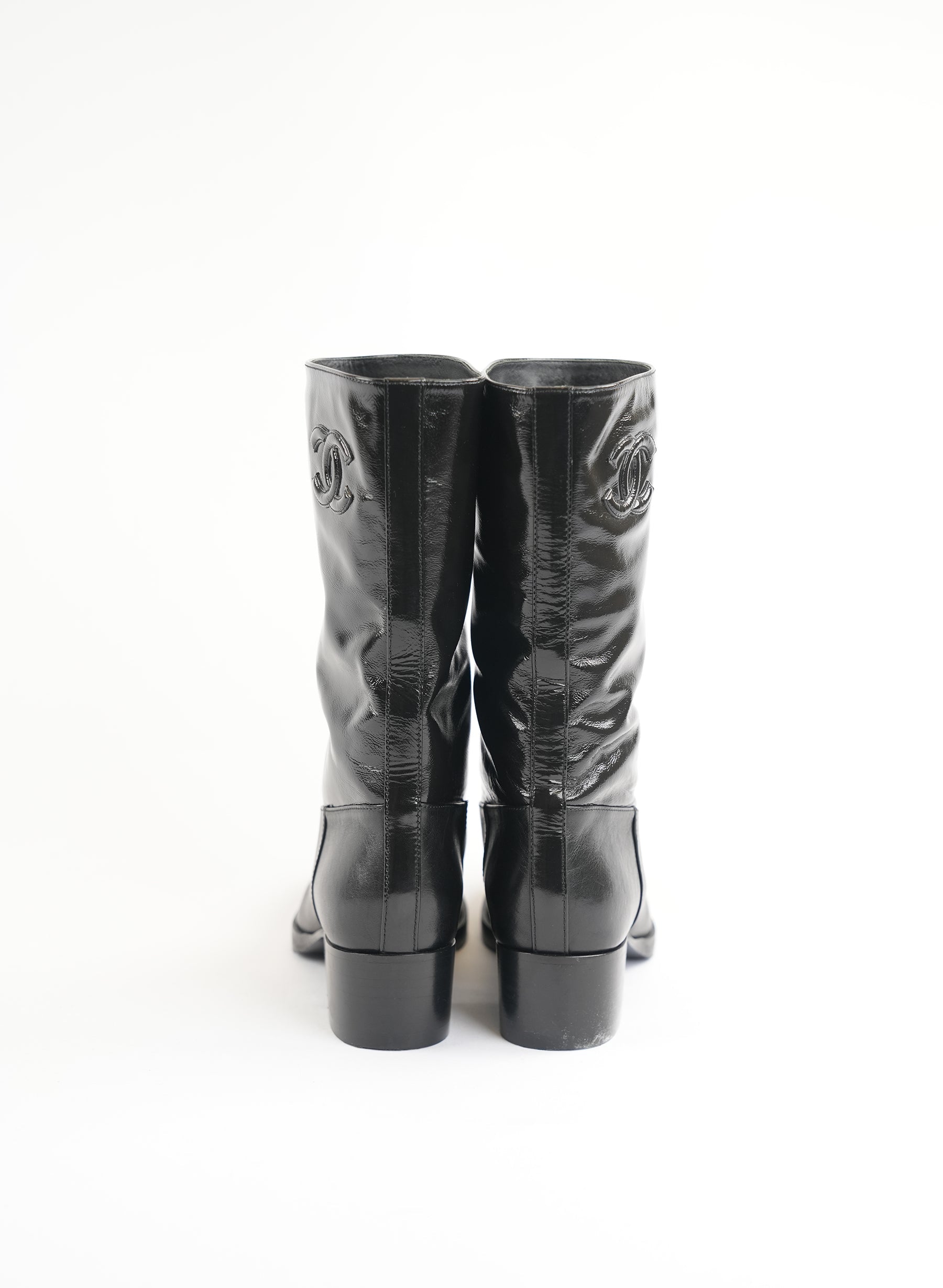Chanel Calfskin Leather CC Ascot Mid Calf Black Boots