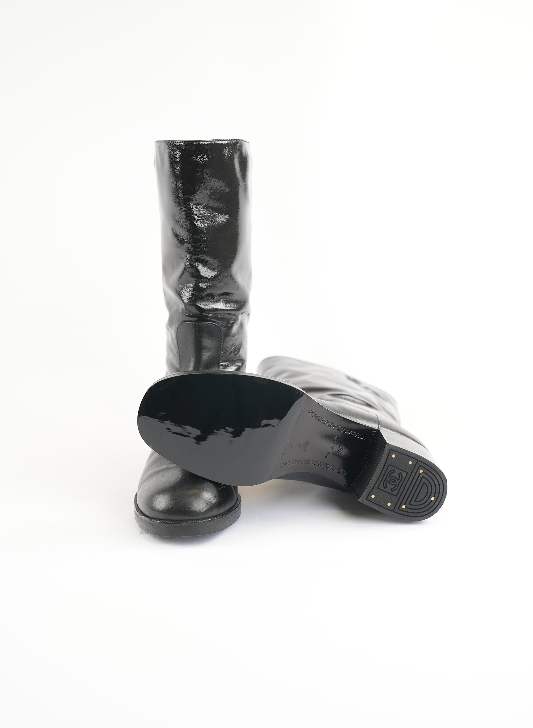 Chanel Calfskin Leather CC Ascot Mid Calf Black Boots