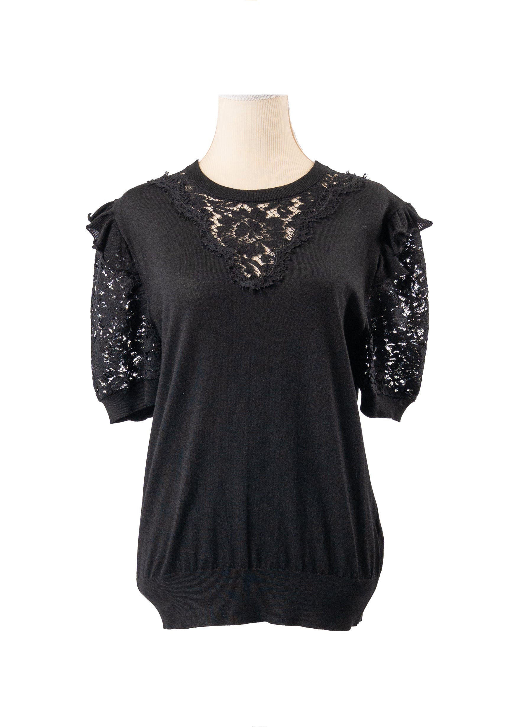 Dolce & Gabbana Lace-Trimmed Short-Sleeve Wool-Blend Sweater