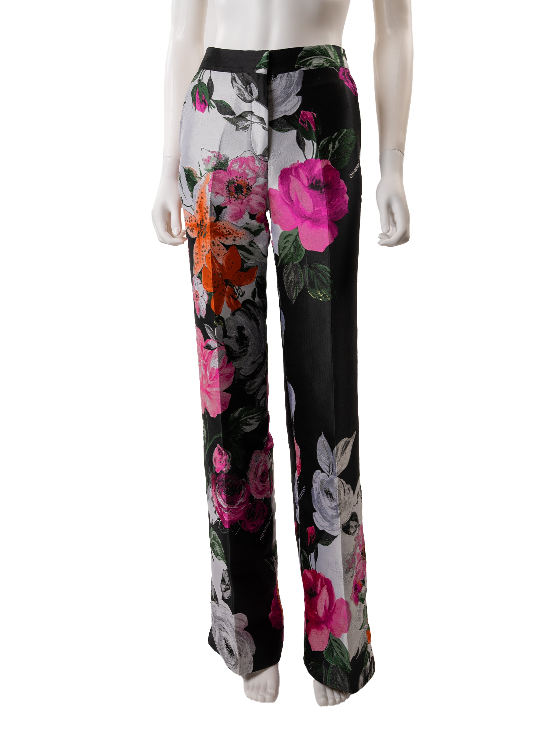 Off-White Wide-Leg Floral-Jacquard Pants