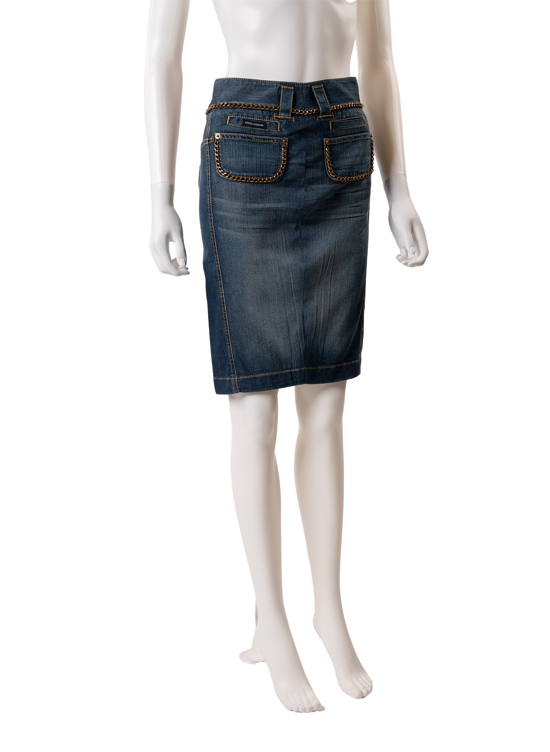 Dolce & Gabbana Blue Denim Chain Detail Fitted Skirt